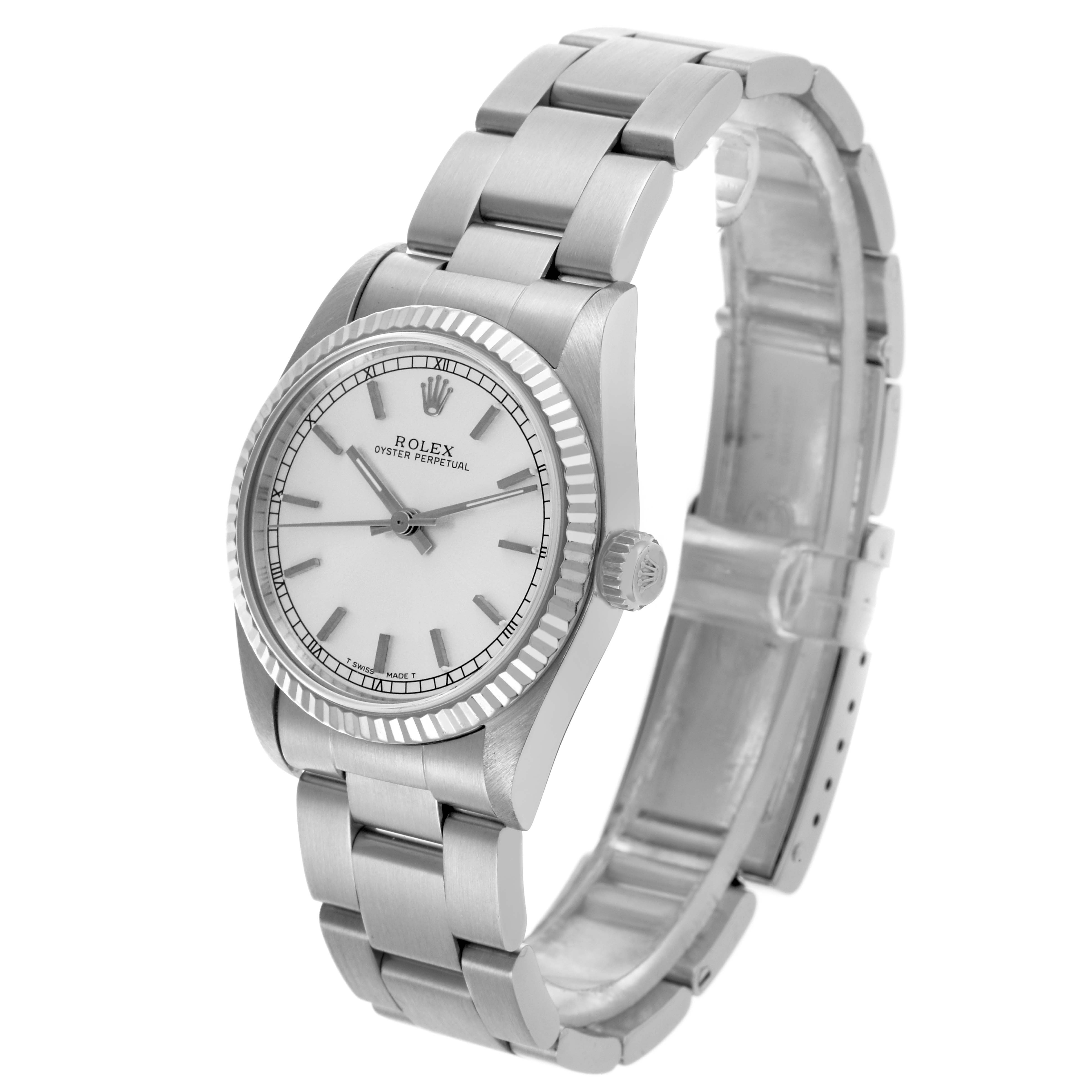 The Rolex Oyster Perpetual Mid-Size watch is shown at a three-quarter angle displaying the face, bezel, crown, and bracelet.