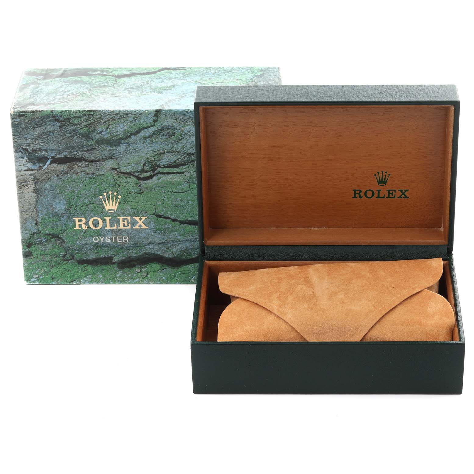 The image shows a Rolex Mid-Size 67514 Women's Stainless Steel Silver Dial 67514 Women's Stainless Steel Silver Dial watch box and pouch, viewed from the front.