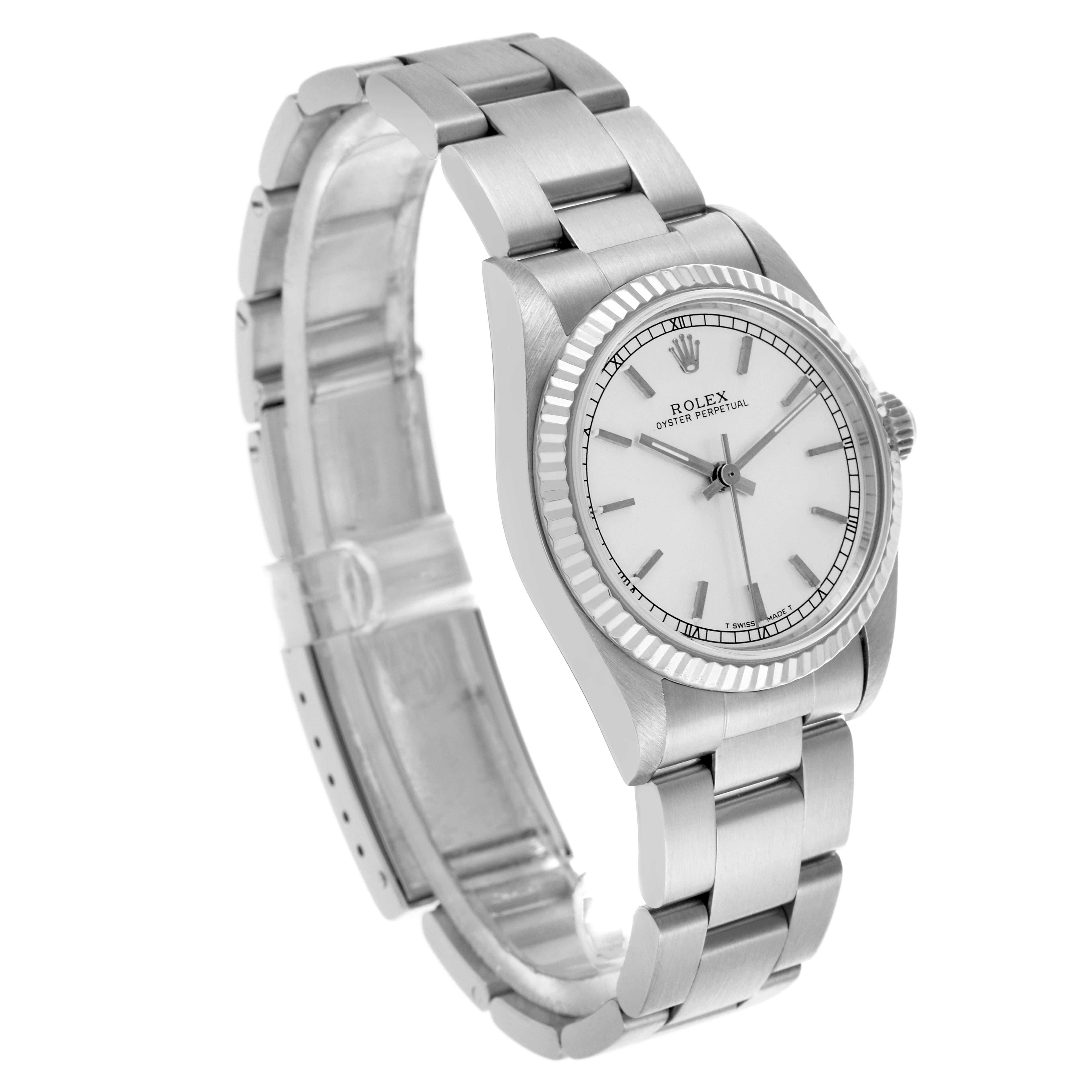 The Rolex Mid-Size 67514 Women's Stainless Steel Silver Dial 67514 Women's Stainless Steel Silver Dial watch is shown at an angled front view, highlighting the dial, bezel, and bracelet.