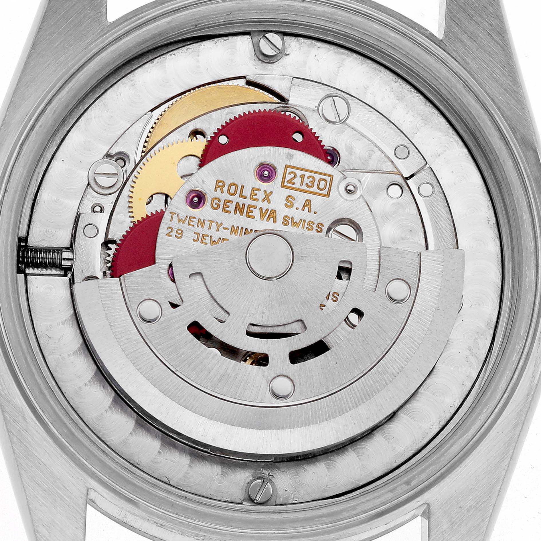This image shows the internal mechanism of a Rolex Mid-Size 67514 Women's Stainless Steel Silver Dial 67514 Women's Stainless Steel Silver Dial model viewed from the back, highlighting its intricate movement parts.
