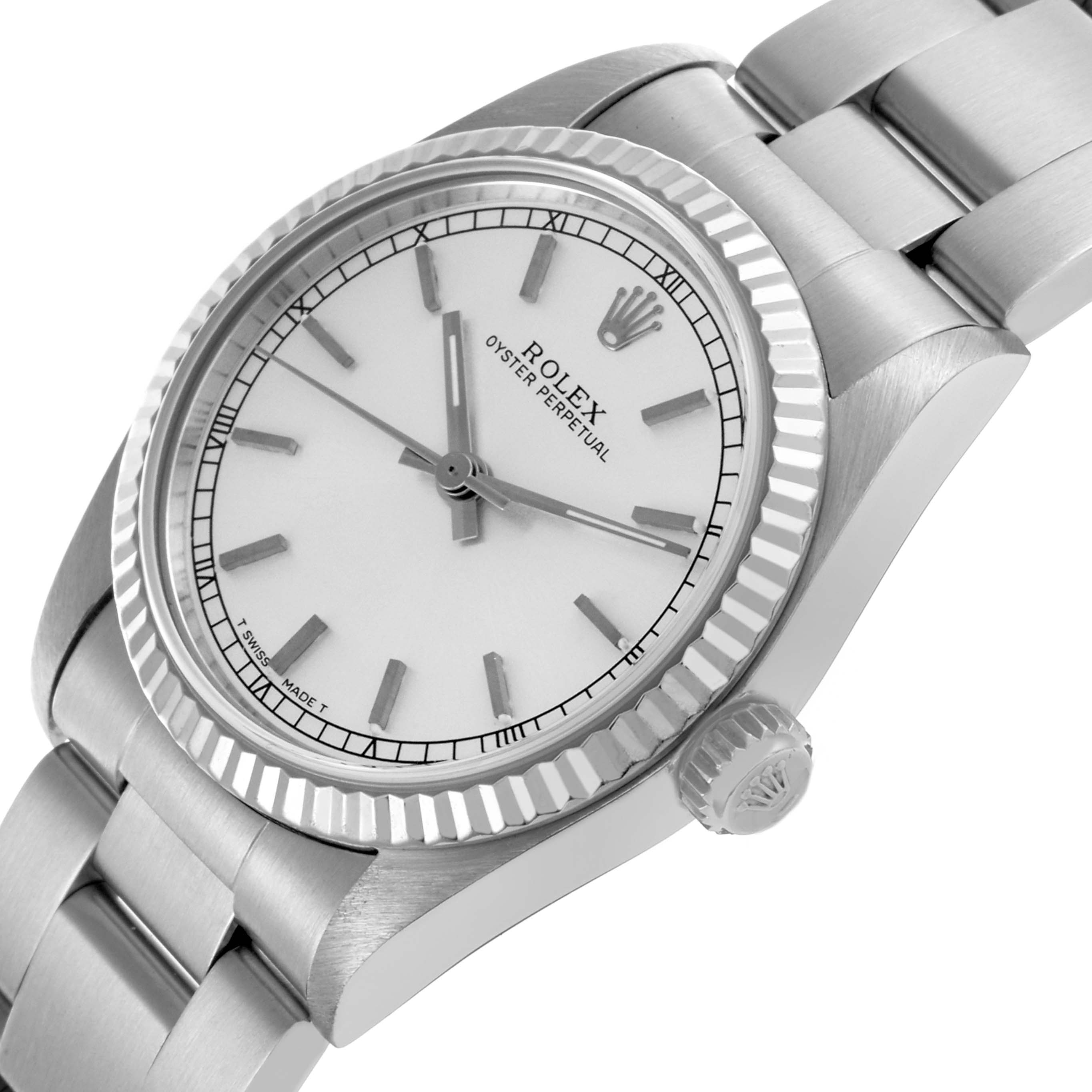The Rolex Mid-Size 67514 Women's Stainless Steel Silver Dial 67514 Women's Stainless Steel Silver Dial watch is shown at a slight angle, highlighting the dial, bezel, crown, and bracelet.