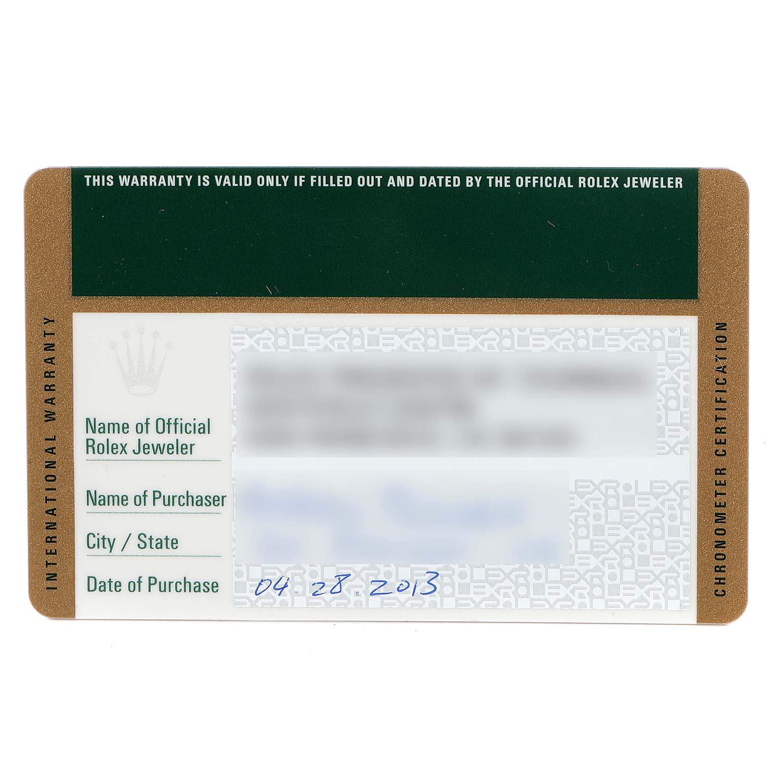 The image shows an international warranty card for the Rolex Air-King 116000 Men's Stainless Steel Blue Dial 116000 Men's Stainless Steel Blue Dial watch.