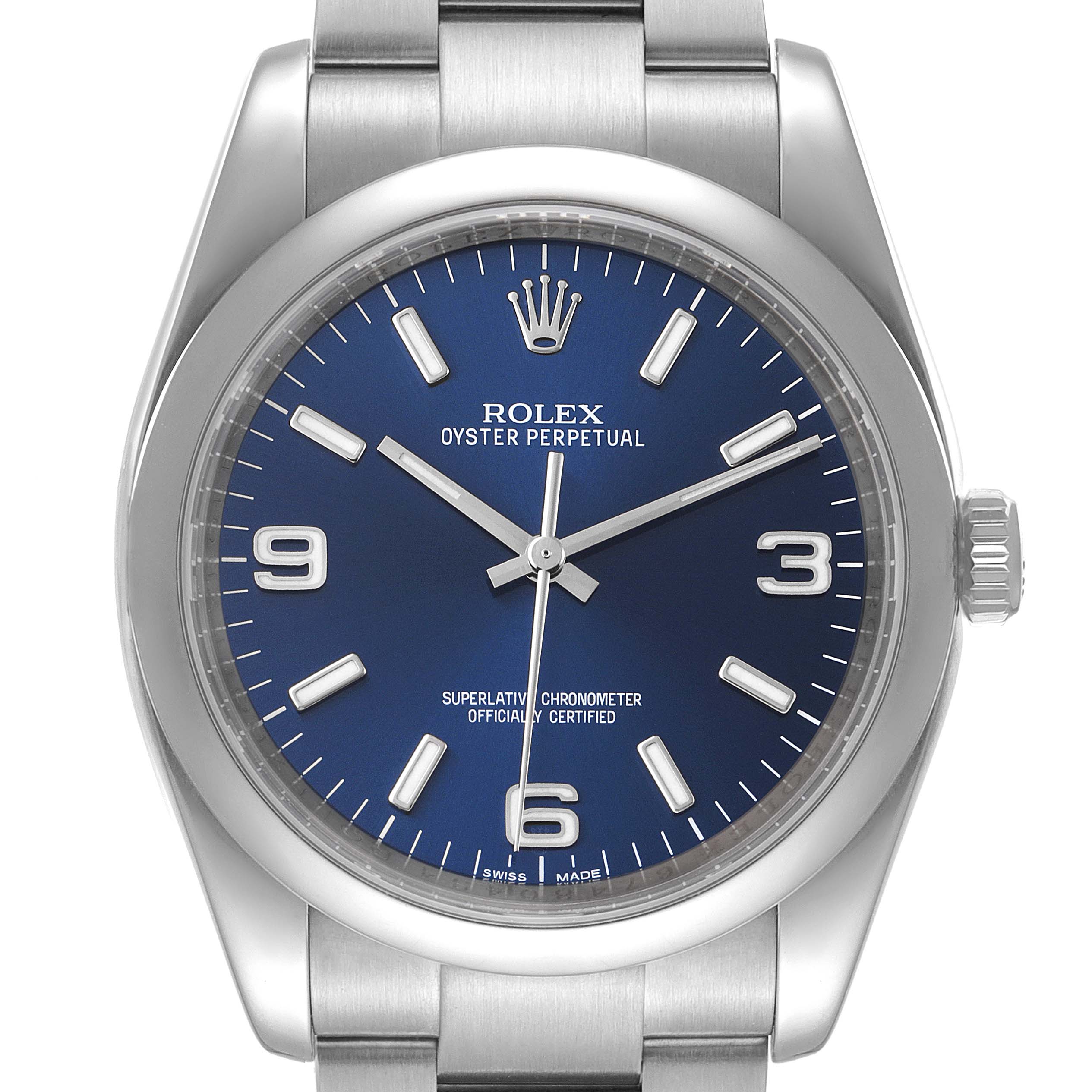 The image shows a front view of an Air-King model by Rolex, highlighting its dial, crown, and stainless steel bracelet.