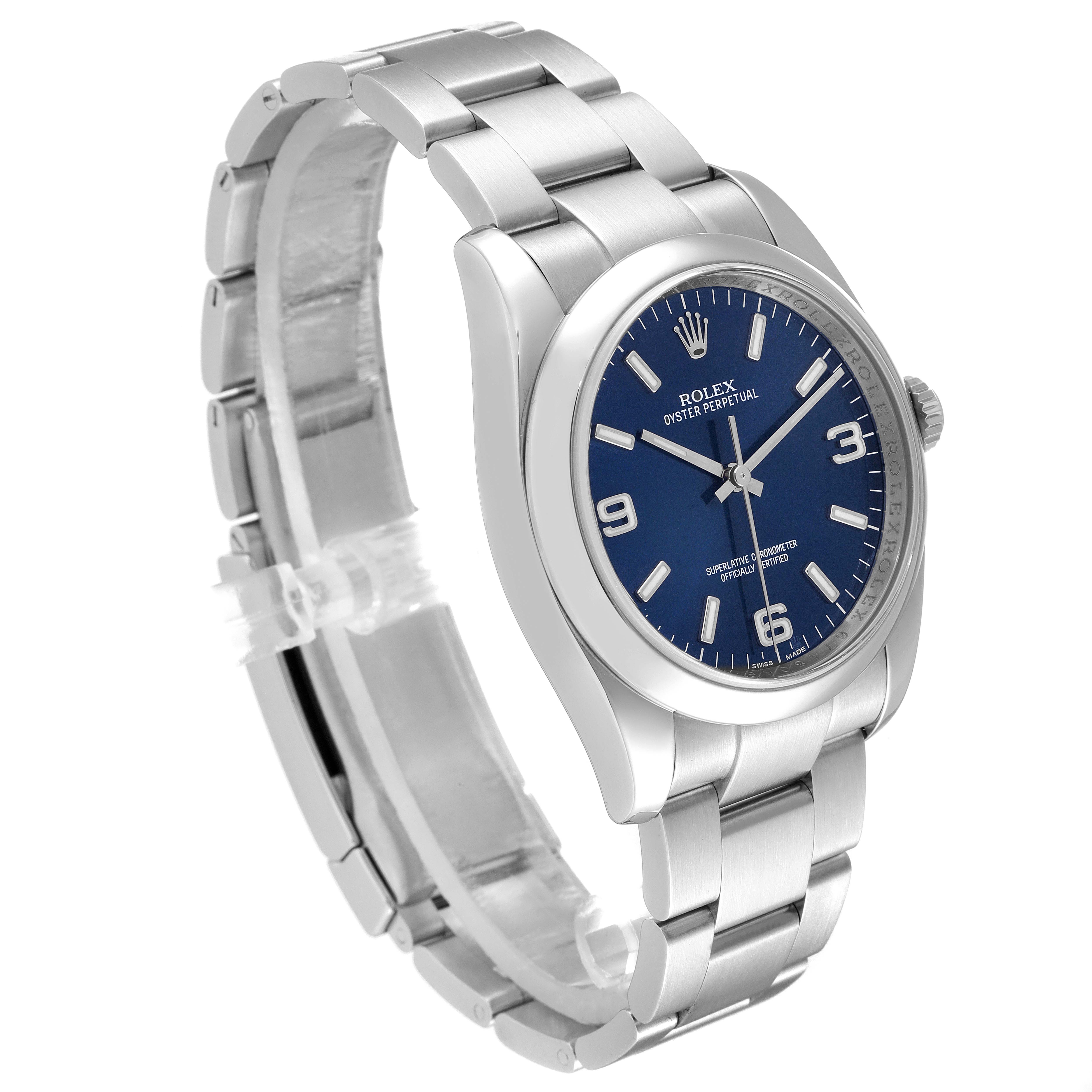 The image shows a Rolex Air-King 116000 Men's Stainless Steel Blue Dial 116000 Men's Stainless Steel Blue Dial watch at a left side angle, highlighting the bracelet, dial, and crown.