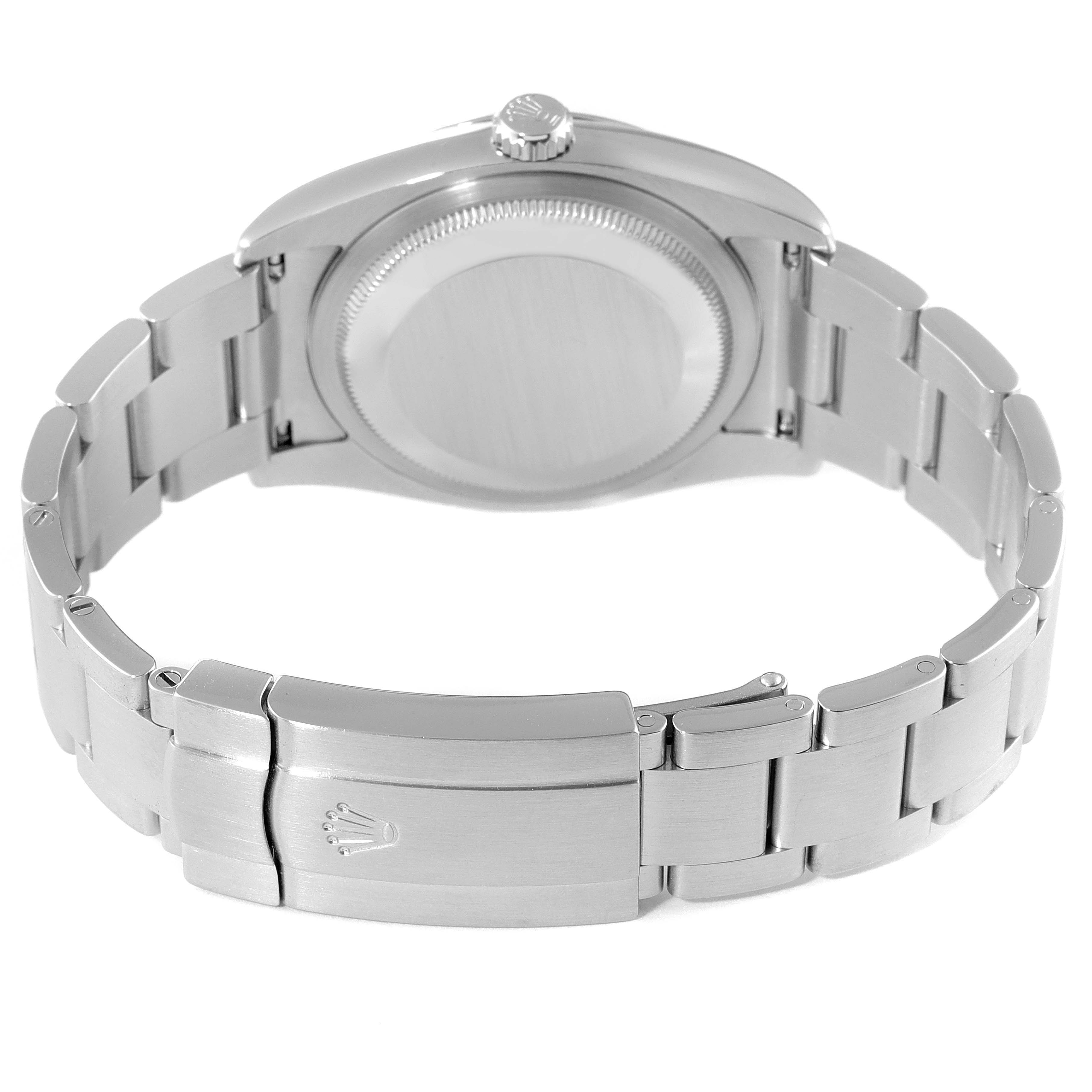 The image shows the back view of the Rolex Air-King 116000 Men's Stainless Steel Blue Dial 116000 Men's Stainless Steel Blue Dial watch, highlighting the case back, crown, and bracelet clasp.