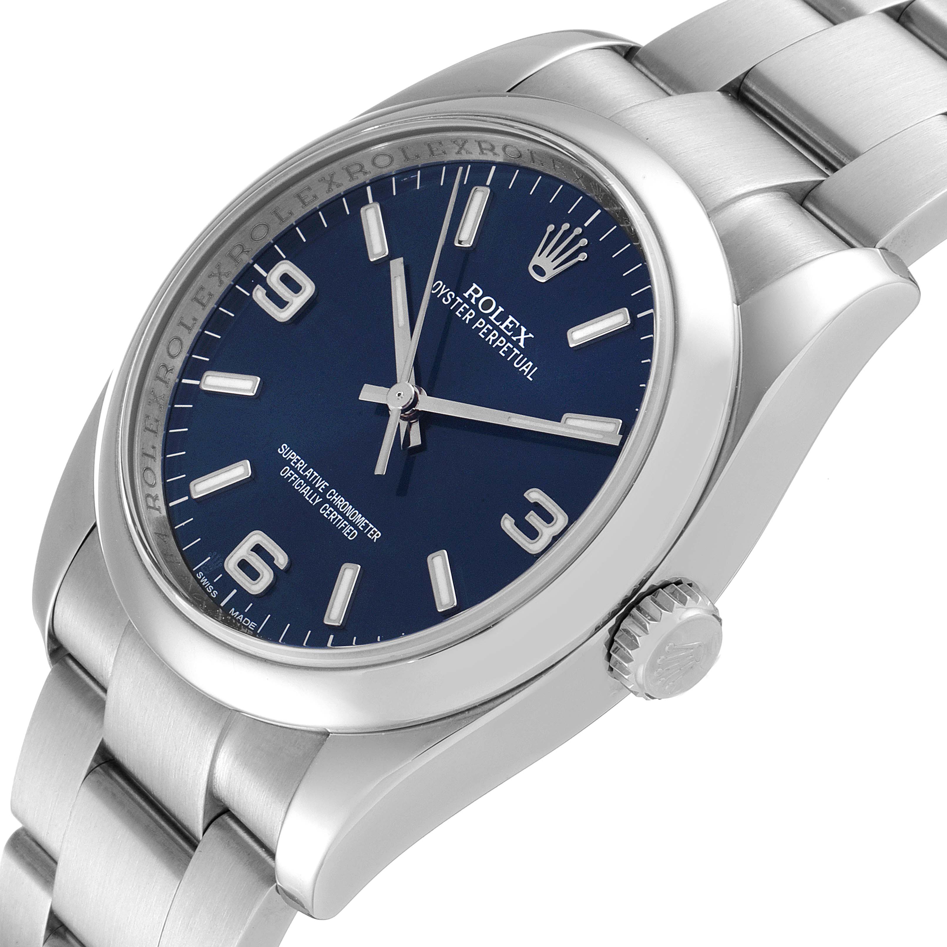 This image shows the Rolex Air-King 116000 Men's Stainless Steel Blue Dial 116000 Men's Stainless Steel Blue Dial watch at a slight angle, highlighting the dial, crown, and bracelet.