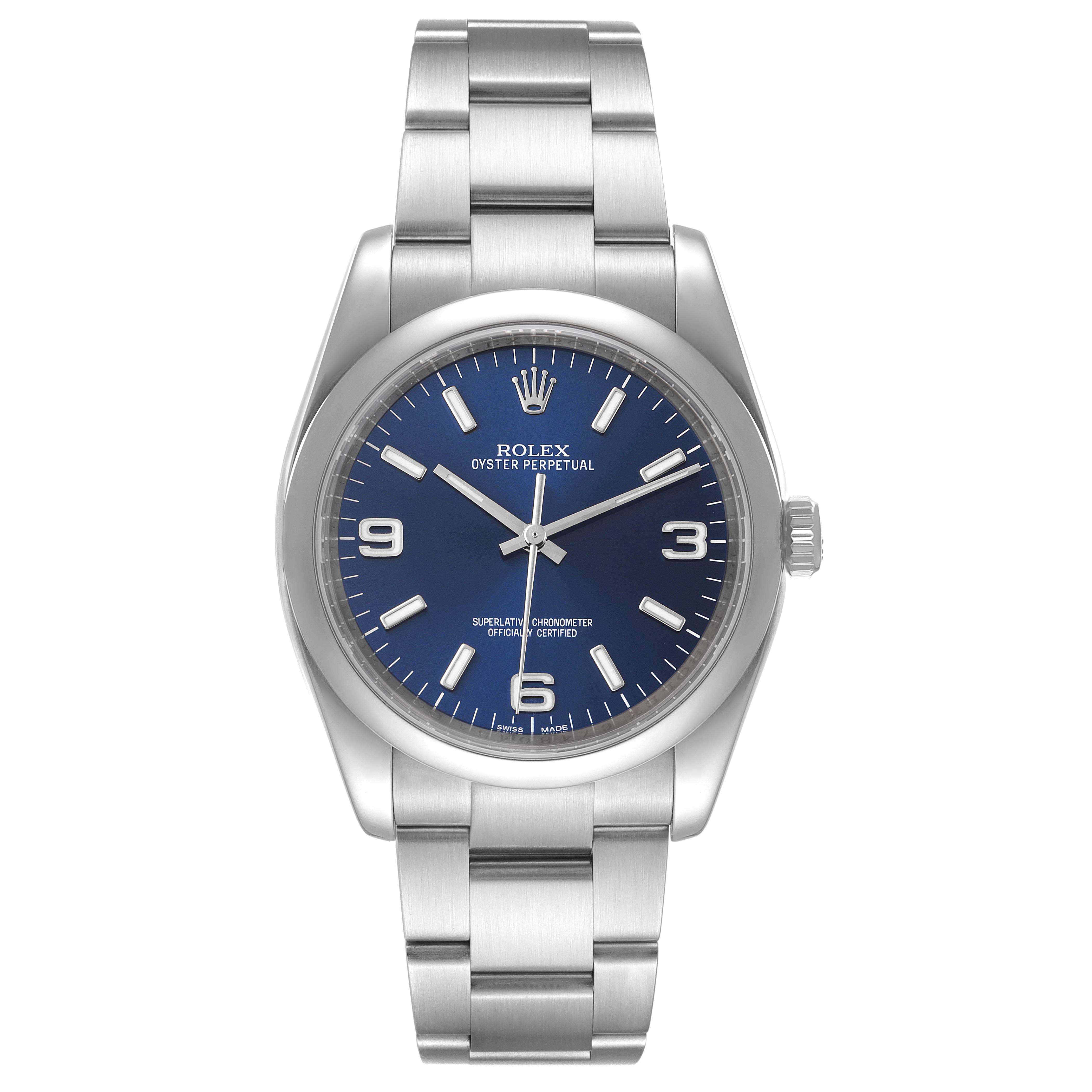 This image shows a frontal view of the Rolex Air-King 116000 Men's Stainless Steel Blue Dial 116000 Men's Stainless Steel Blue Dial watch, displaying its face, hour markers, and bracelet.