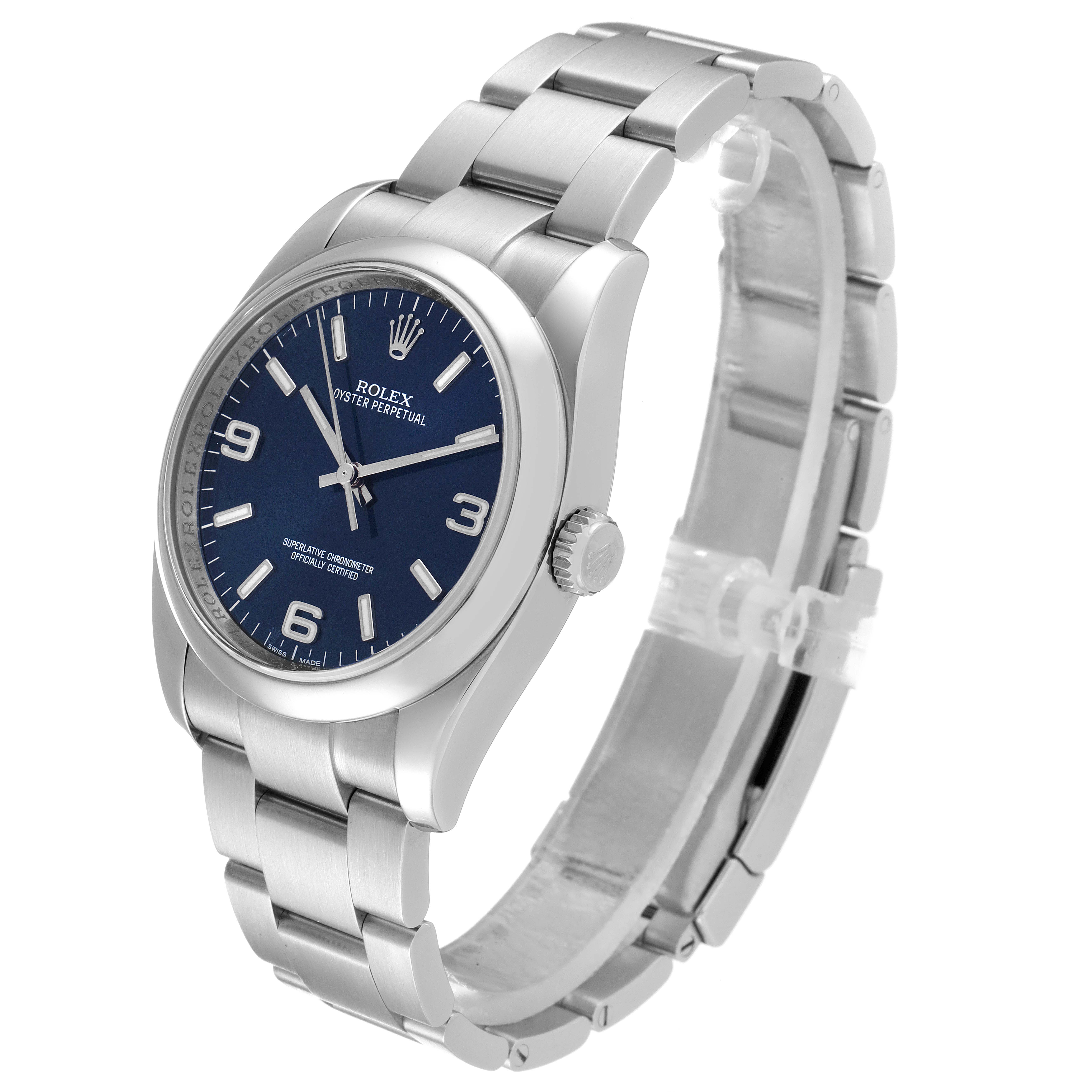 This image shows a Rolex Air-King 116000 Men's Stainless Steel Blue Dial 116000 Men's Stainless Steel Blue Dial watch at a three-quarter angle, displaying the face, case, and bracelet.