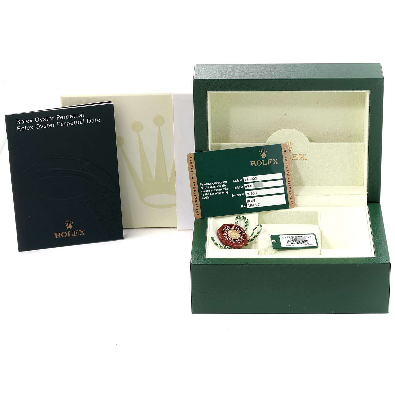 This image shows a Rolex Air-King 116000 Men's Stainless Steel Blue Dial 116000 Men's Stainless Steel Blue Dial watch box, manual, warranty card, and tags from a frontal angle.