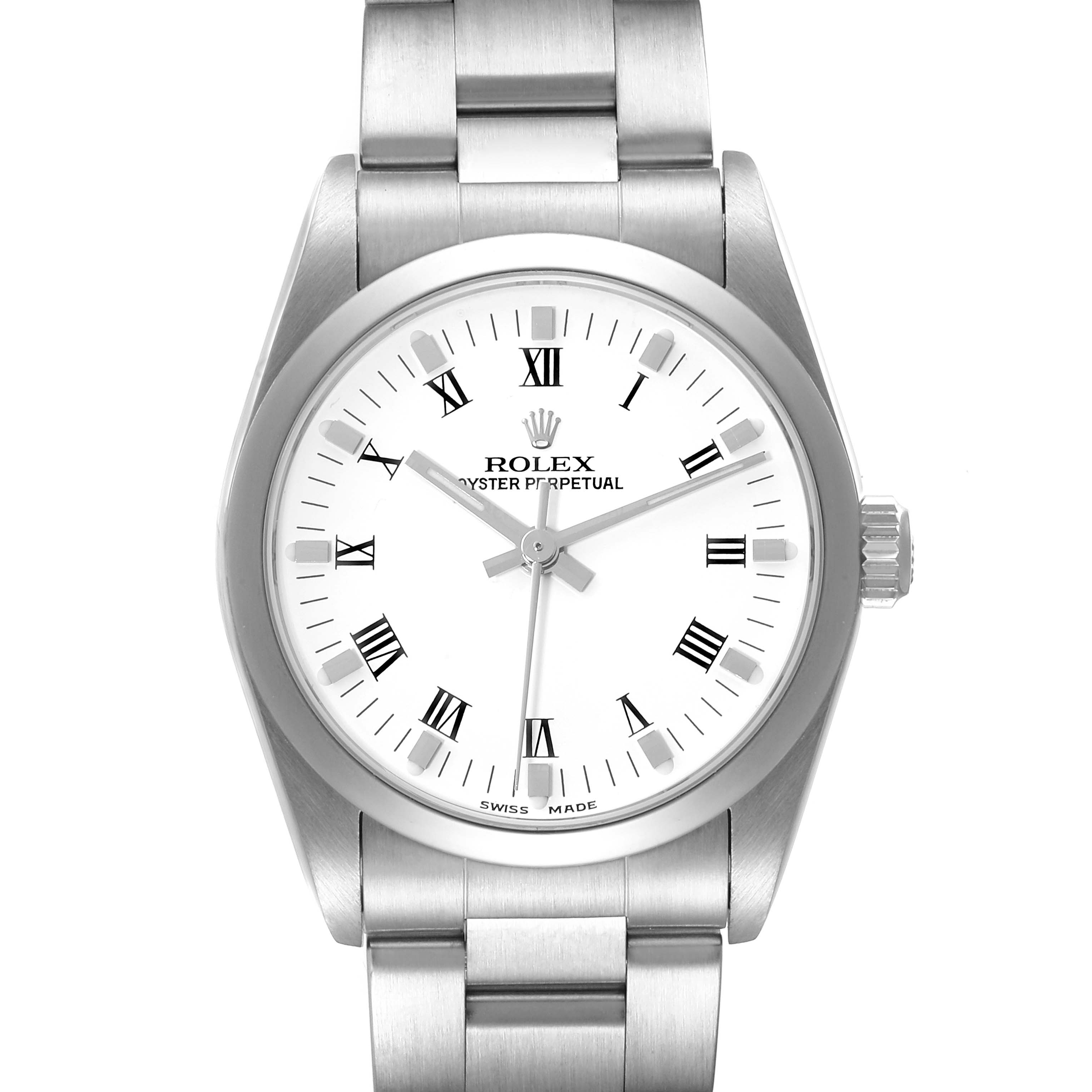 This image shows a front view of the Rolex Mid-Size 77080 Women
s Stainless Steel White Dial 77080 Women
s Stainless Steel White Dial Oyster Perpetual watch, highlighting its face, bezel, crown, and bracelet.