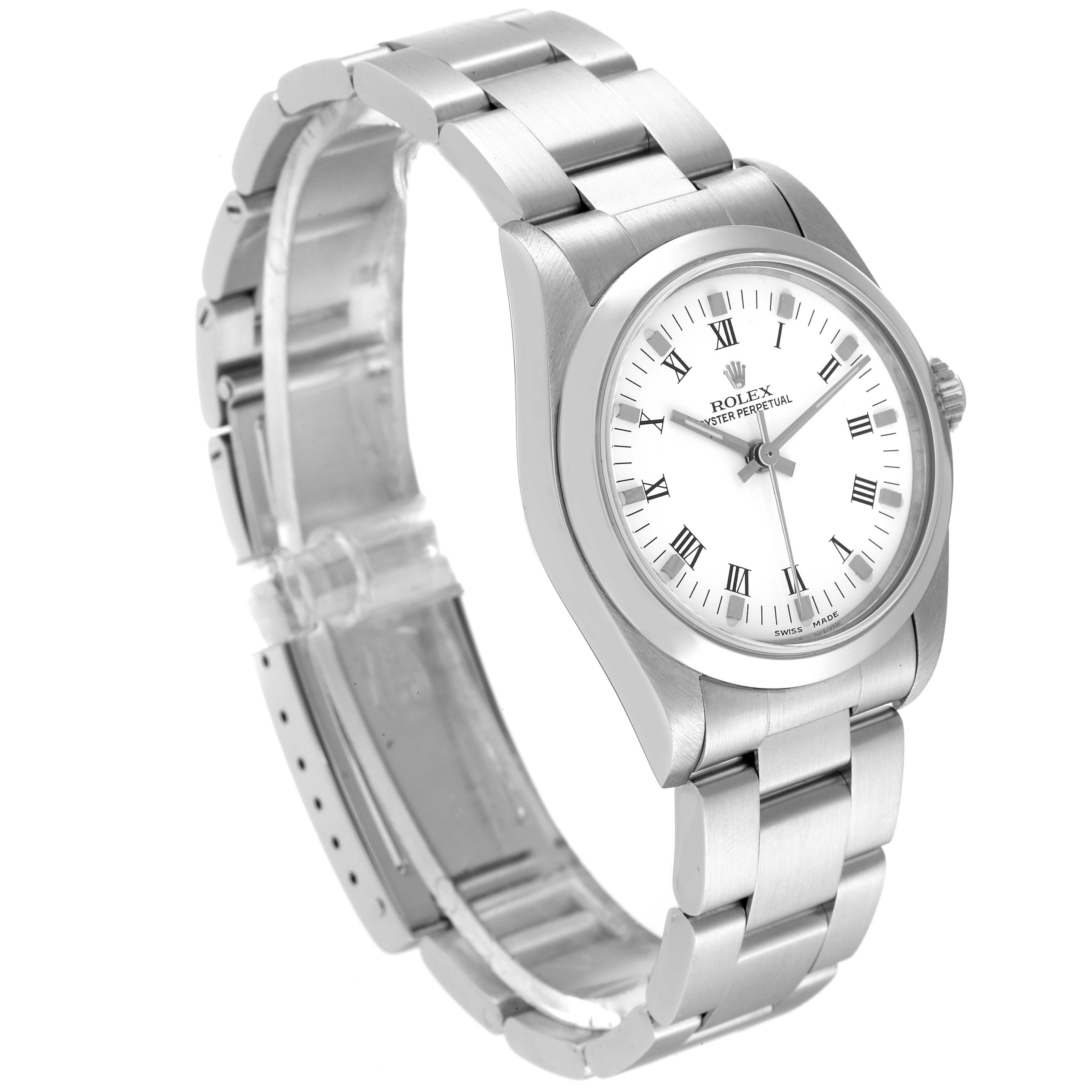 The image shows a Right-side angled view of a Mid-Size Rolex watch, displaying the silver band and white dial with Roman numerals.