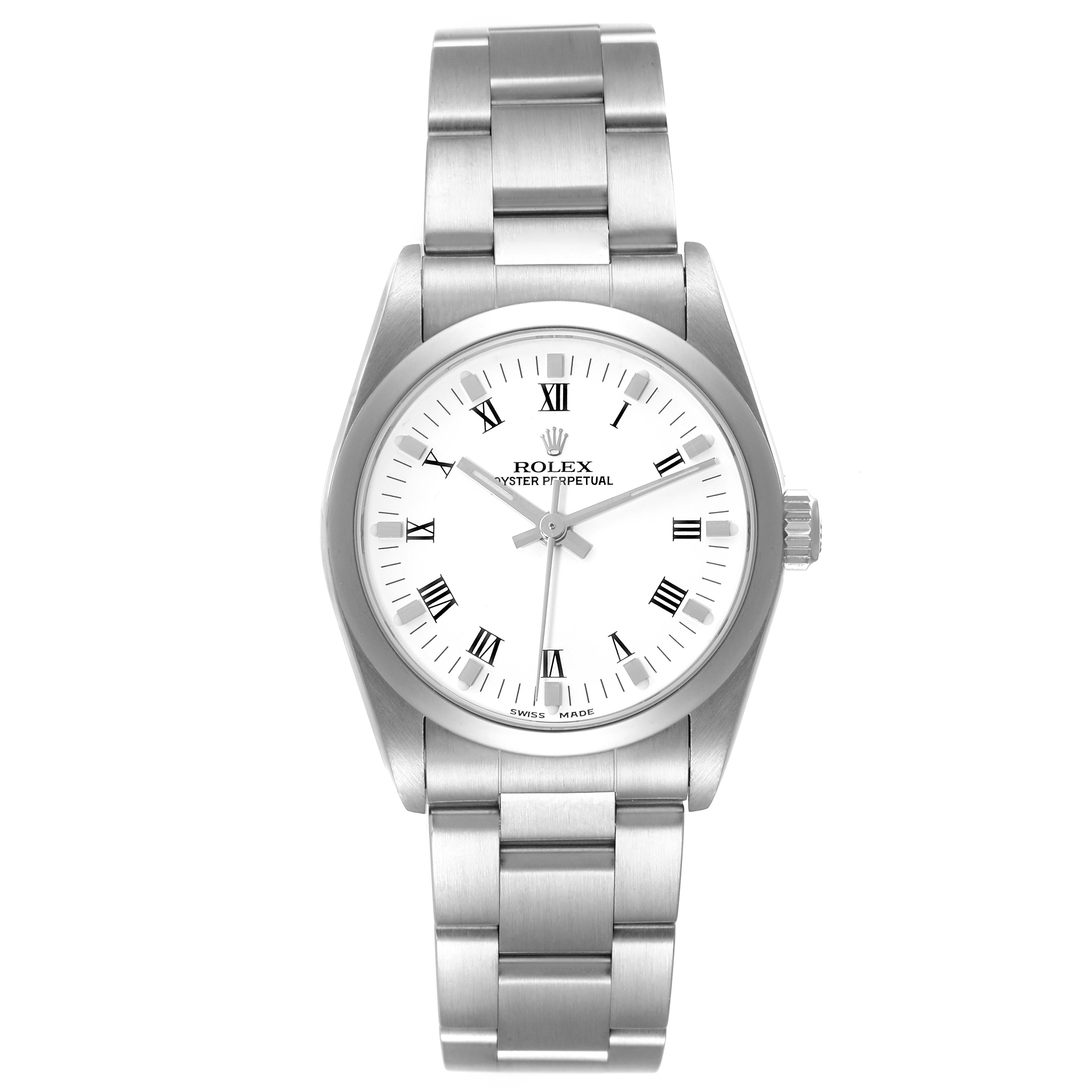 The image shows a front view of a Rolex Oyster Perpetual Mid-Size watch, highlighting its Roman numeral dial and stainless steel bracelet.