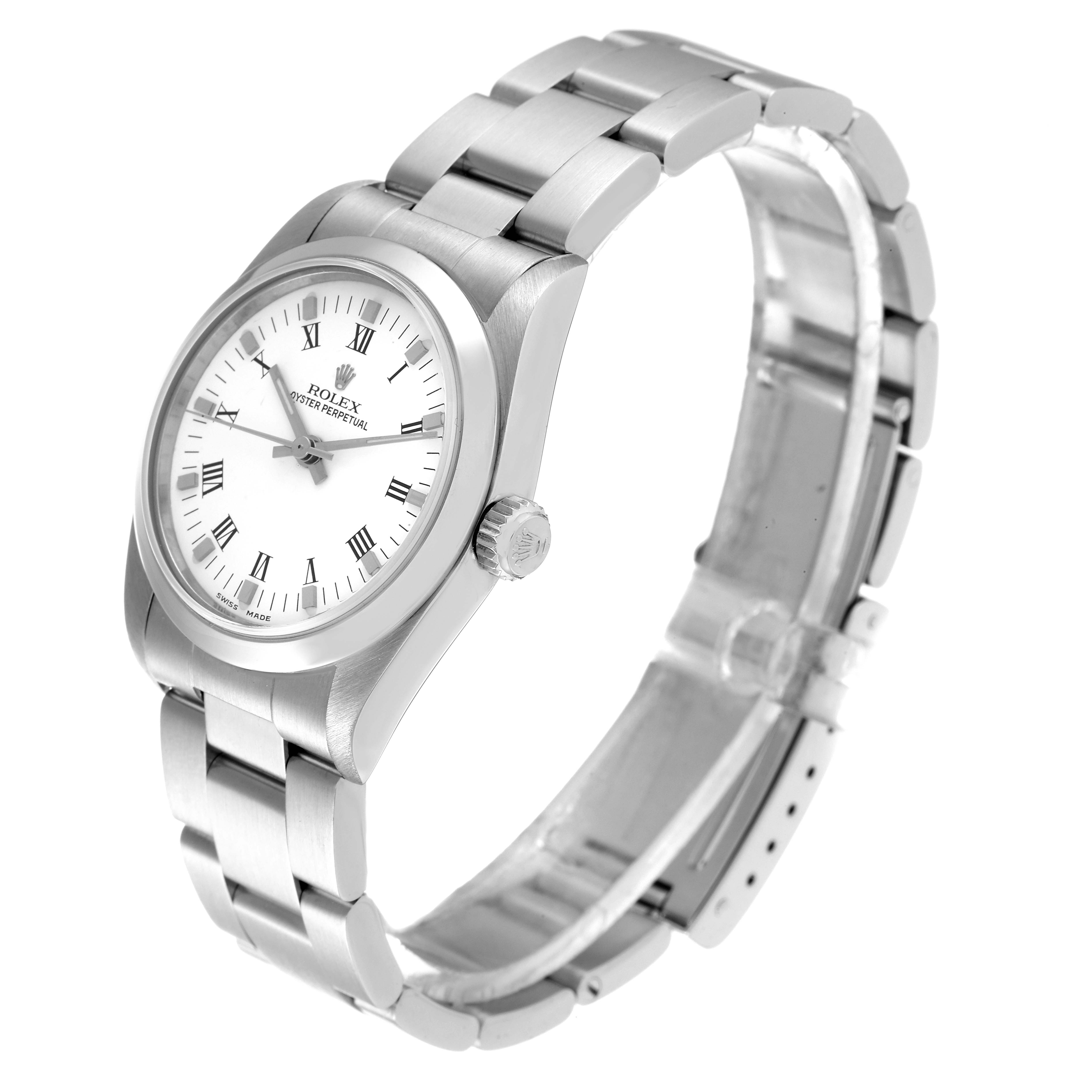 The Rolex Mid-Size 77080 Women
s Stainless Steel White Dial 77080 Women
s Stainless Steel White Dial model watch is shown at a slight side angle, clearly displaying its face, crown, and bracelet.