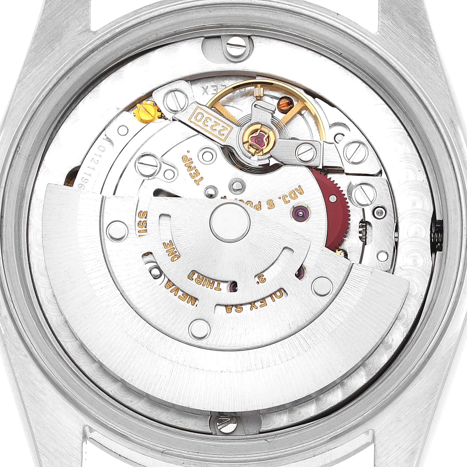 The image shows the internal mechanical movement of a Rolex Mid-Size 77080 Women
s Stainless Steel White Dial 77080 Women
s Stainless Steel White Dial watch from a back angle, highlighting the rotor and other components.