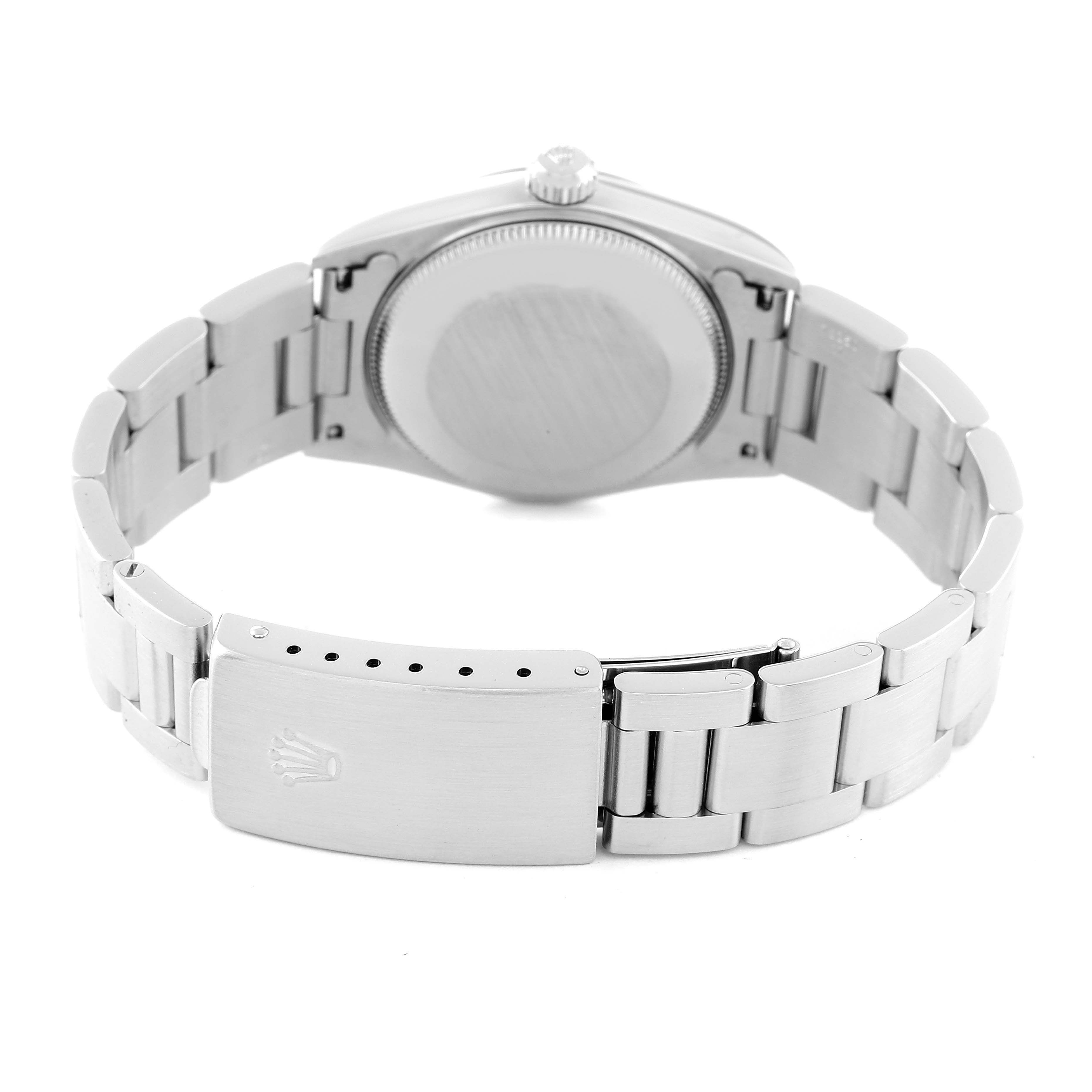 The image shows the back case and clasp of a Mid-Size Rolex watch from a rear angle.