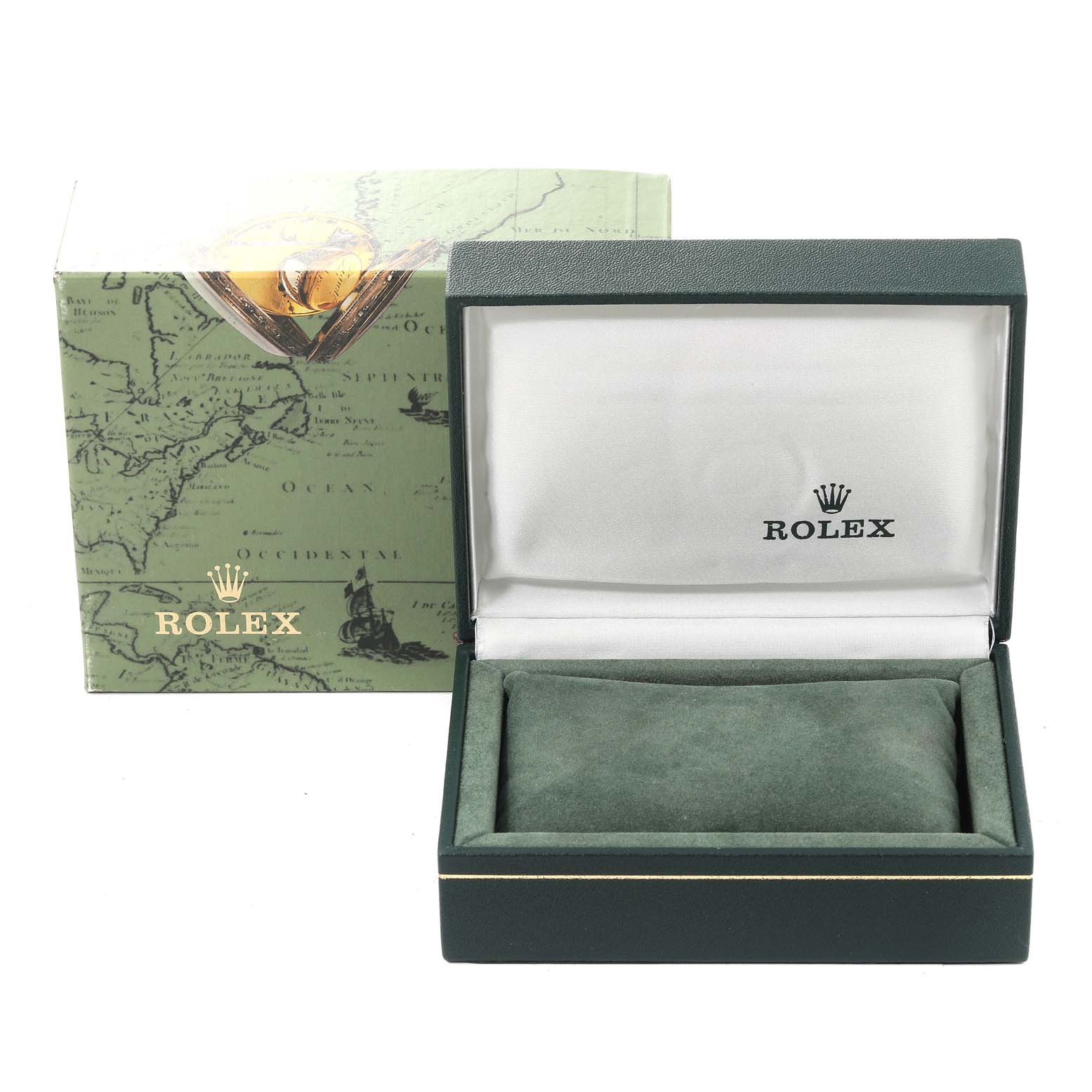 The image shows an open Rolex Mid-Size 77080 Women
s Stainless Steel White Dial 77080 Women
s Stainless Steel White Dial watch box and its decorative outer packaging from a front view.