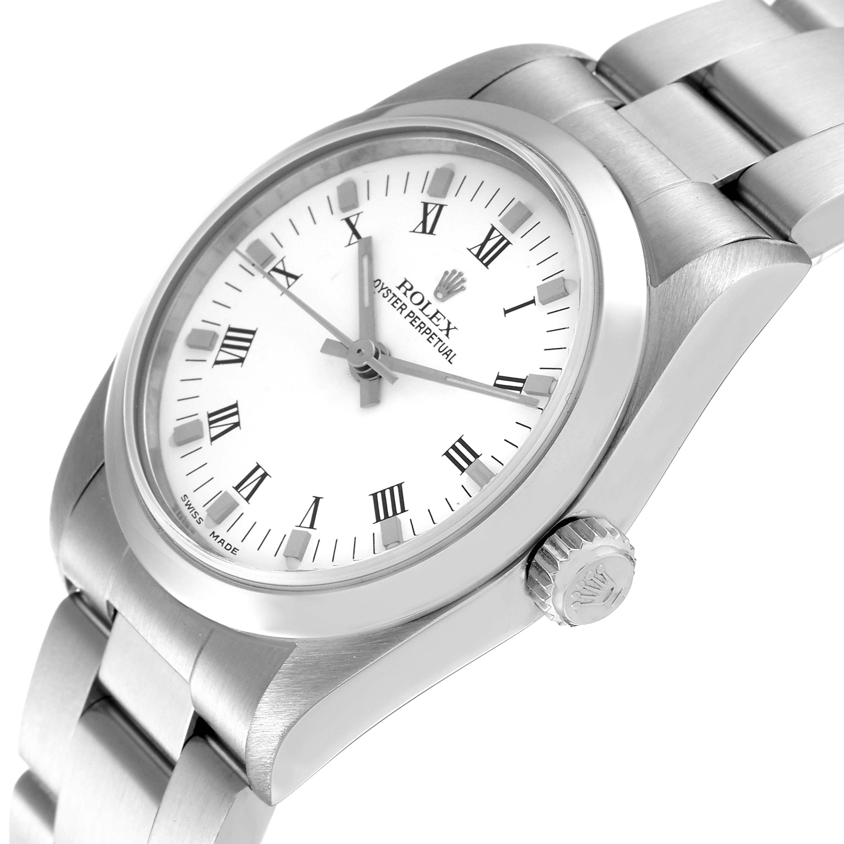 The image shows a Rolex Oyster Perpetual Mid-Size watch from a slightly angled side view, displaying the face, bezel, crown, and bracelet.