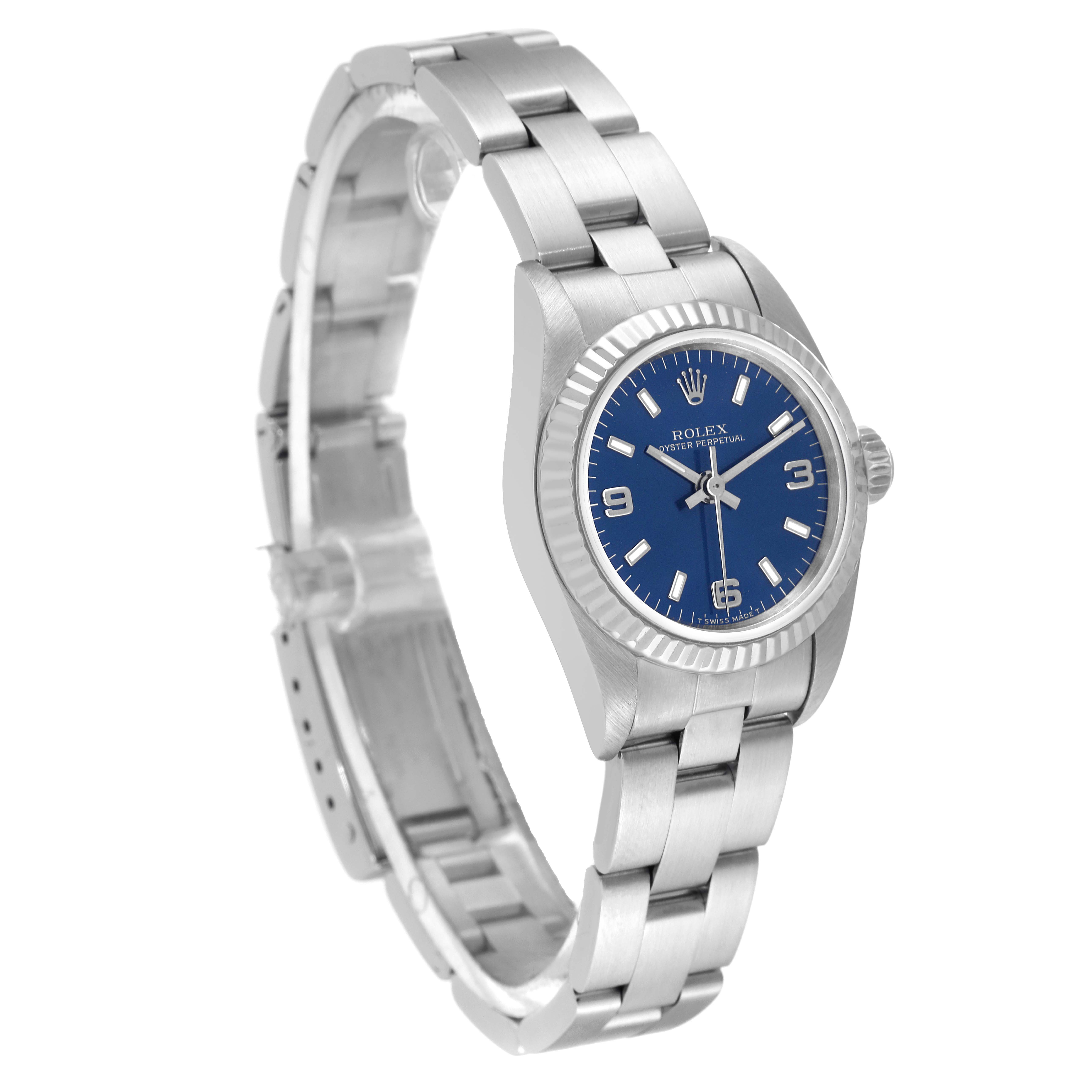 This image shows a silver Rolex Oyster Perpetual 67194 Women
s Stainless Steel Blue Dial 67194 Women
s Stainless Steel Blue Dial watch at a three-quarter angle, displaying the dial, case, crown, and bracelet.