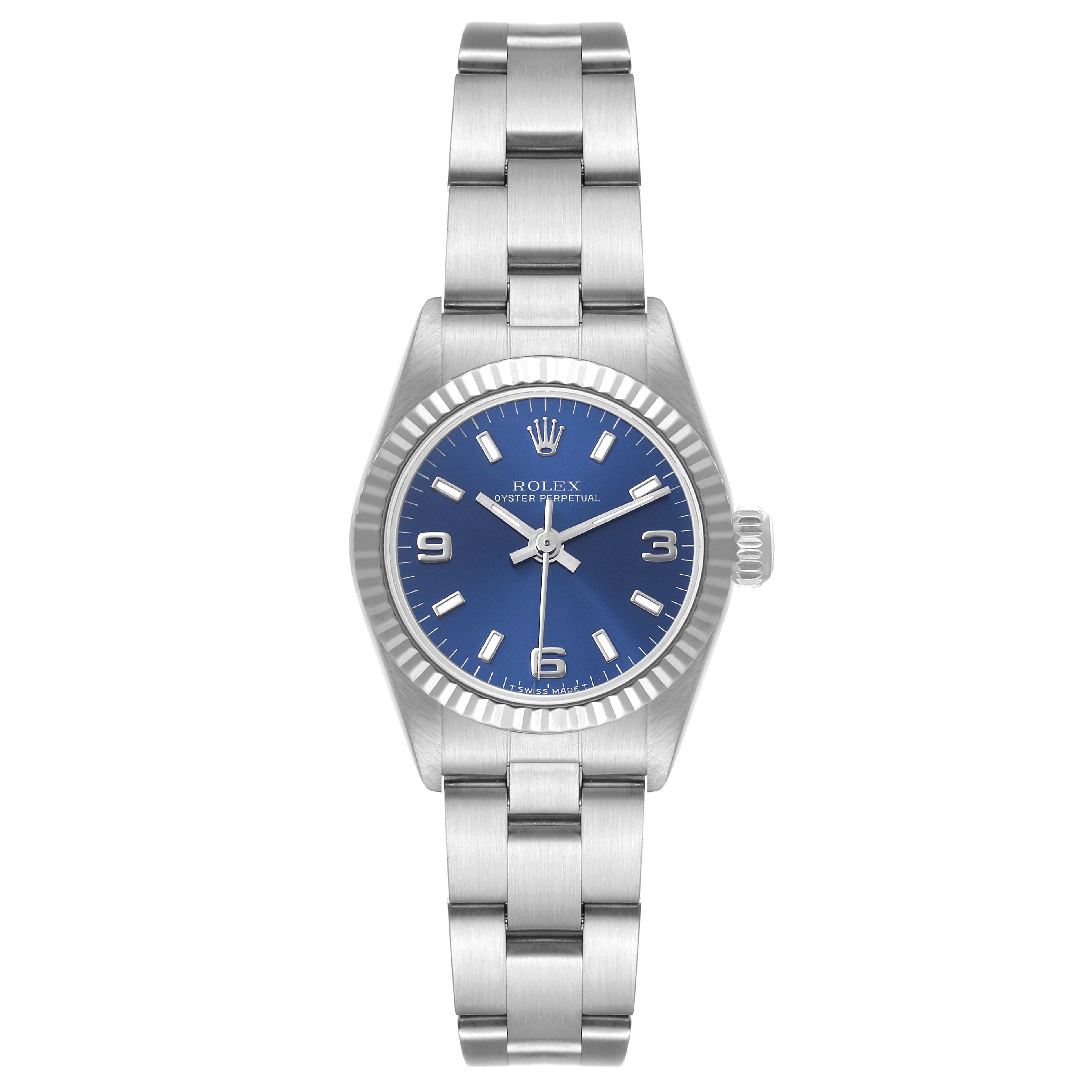 This image shows a frontal view of a Rolex Oyster Perpetual 67194 Women
s Stainless Steel Blue Dial 67194 Women
s Stainless Steel Blue Dial watch, displaying the dial, bezel, case, and bracelet.