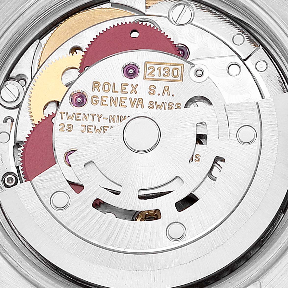 This image shows an inside view of the Rolex Oyster Perpetual 67194 Women
s Stainless Steel Blue Dial 67194 Women
s Stainless Steel Blue Dial watch movement and its intricate components.