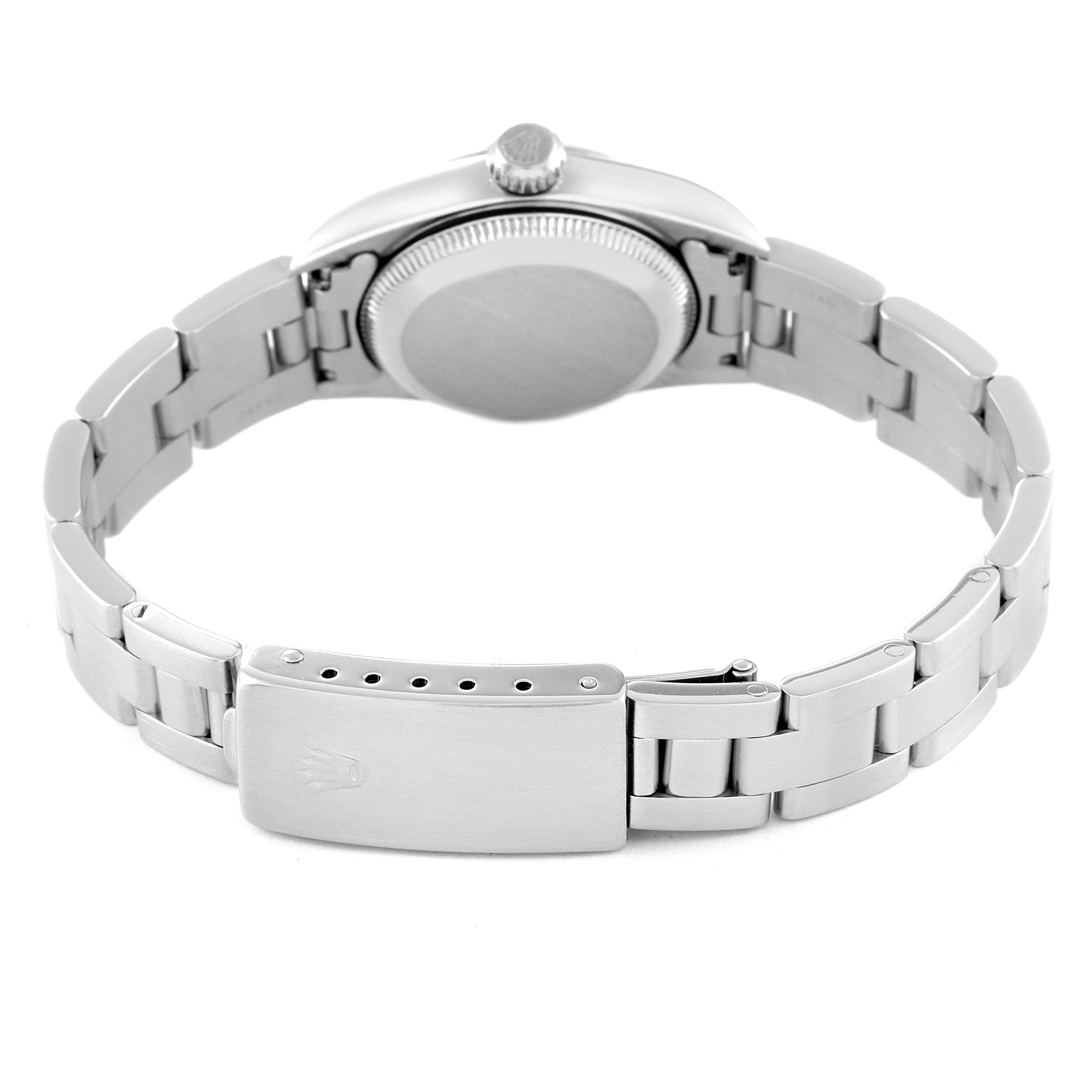 This image shows the back and bracelet of a Rolex Oyster Perpetual 67194 Women
s Stainless Steel Blue Dial 67194 Women
s Stainless Steel Blue Dial watch.