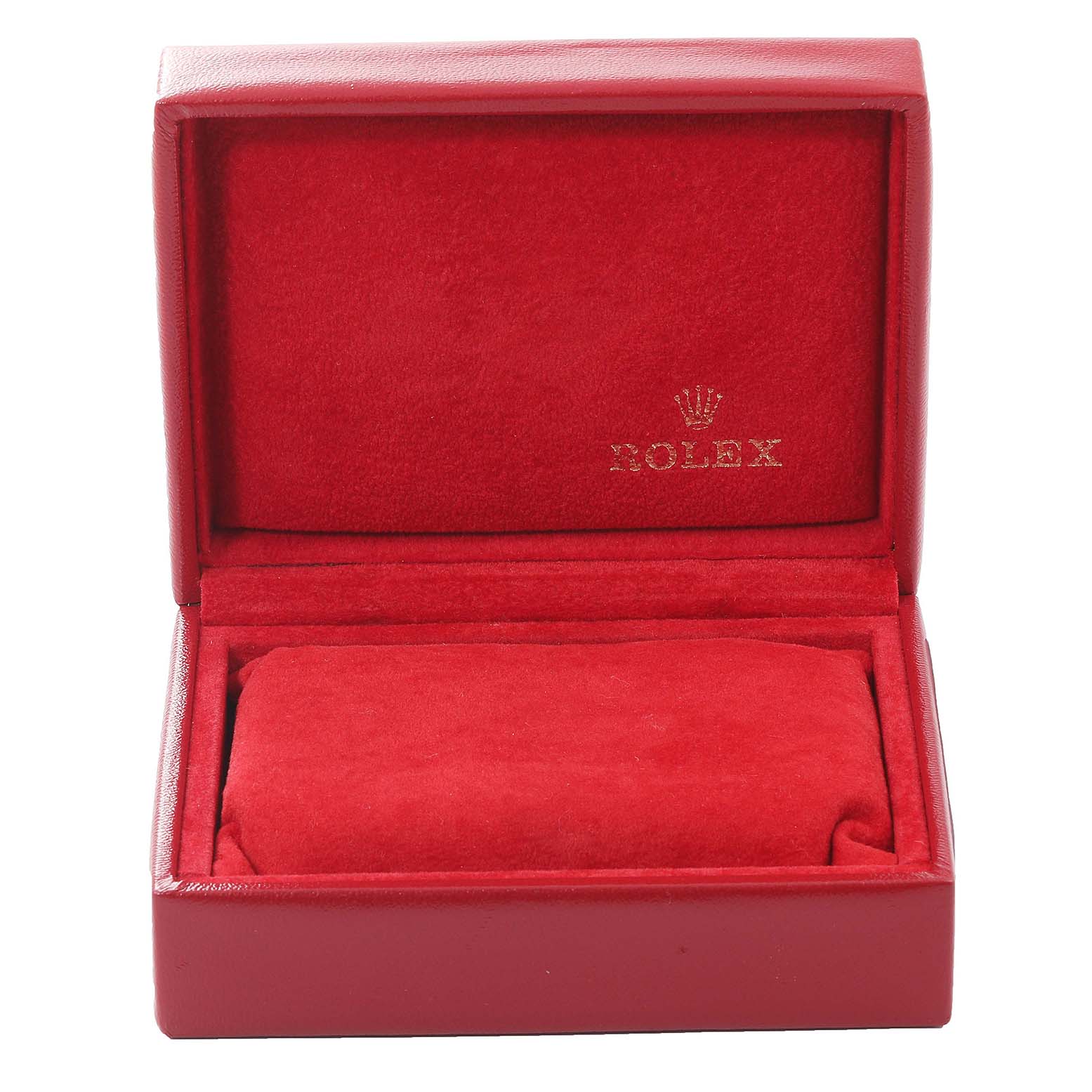 This image shows an open red Rolex watch box, potentially for an Oyster Perpetual model, with the brand logo visible inside.
