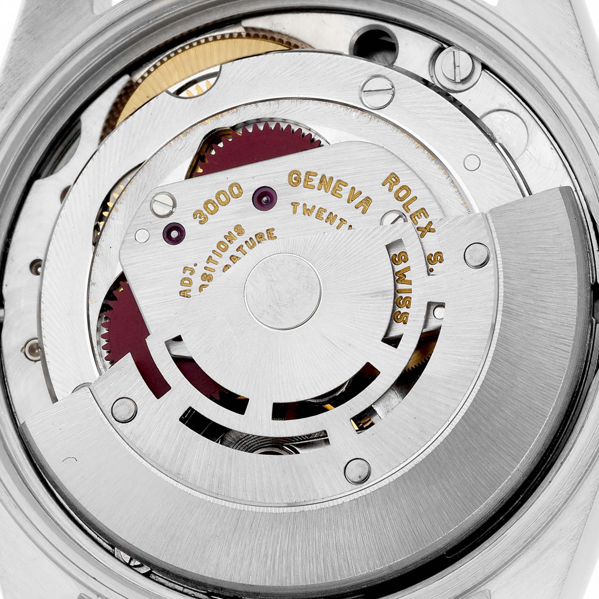 The image shows the movement mechanism of a Rolex Oyster Perpetual 14203 Men's Steel and Gold (two tone) Grey Dial 14203 Men's Steel and Gold (two tone) Grey Dial watch from a back view angle, highlighting its intricate parts.