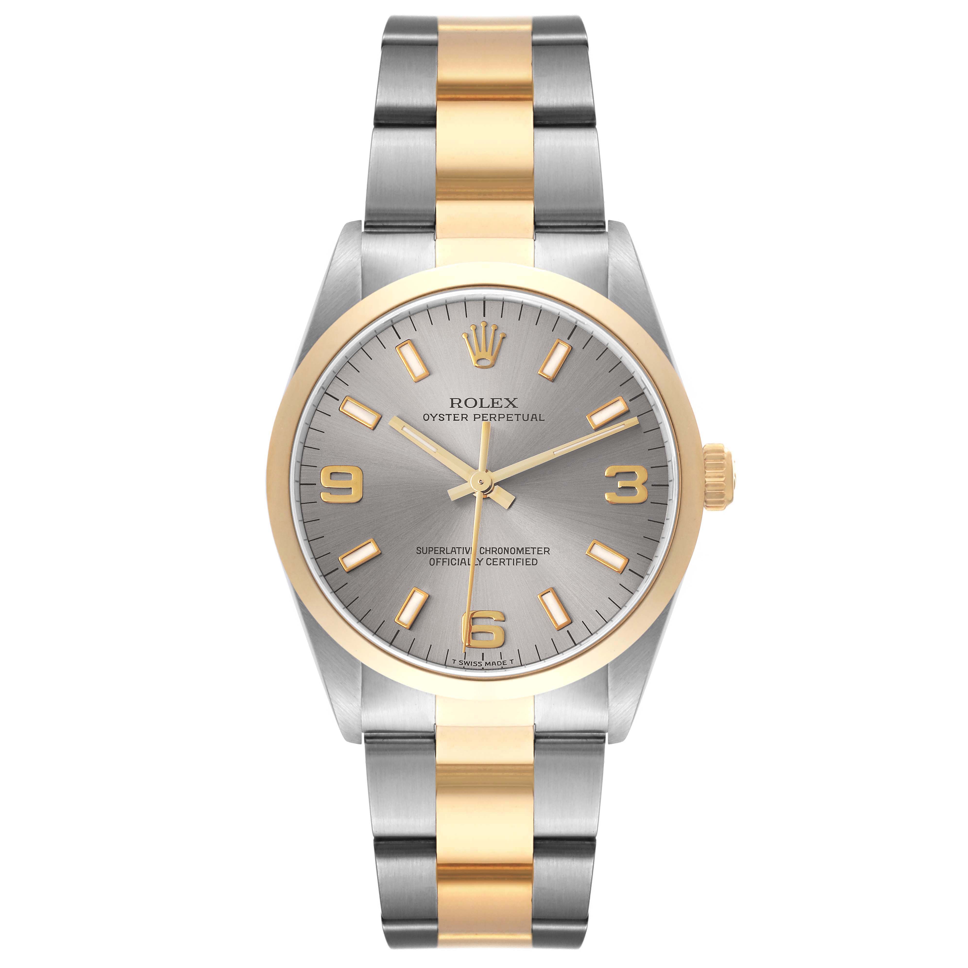 The Rolex Oyster Perpetual 14203 Men's Steel and Gold (two tone) Grey Dial 14203 Men's Steel and Gold (two tone) Grey Dial watch is shown from a front angle, highlighting the watch face and two-tone bracelet.