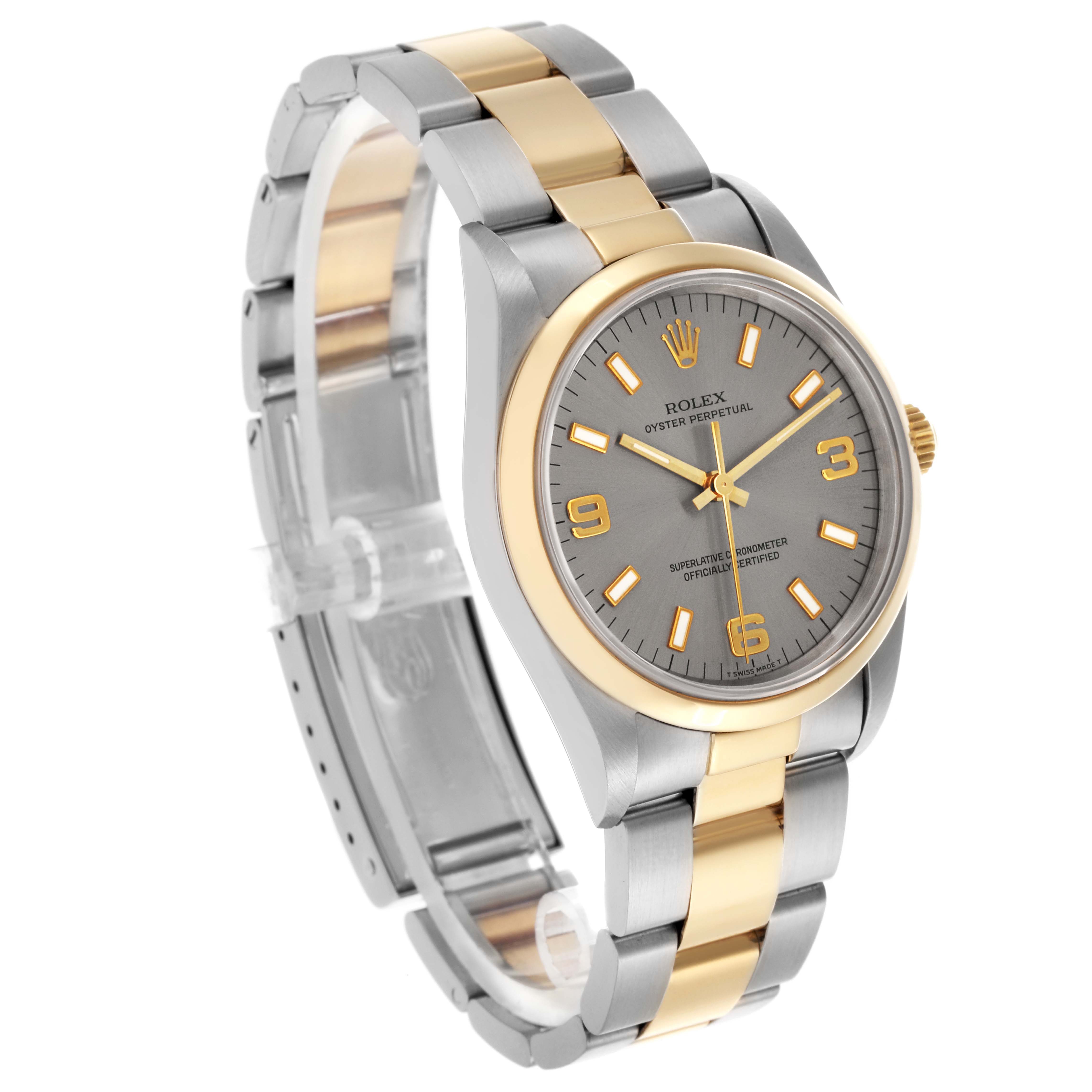 The Rolex Oyster Perpetual 14203 Men's Steel and Gold (two tone) Grey Dial 14203 Men's Steel and Gold (two tone) Grey Dial watch is shown at a three-quarter angle, highlighting the face, bezel, and two-tone bracelet.