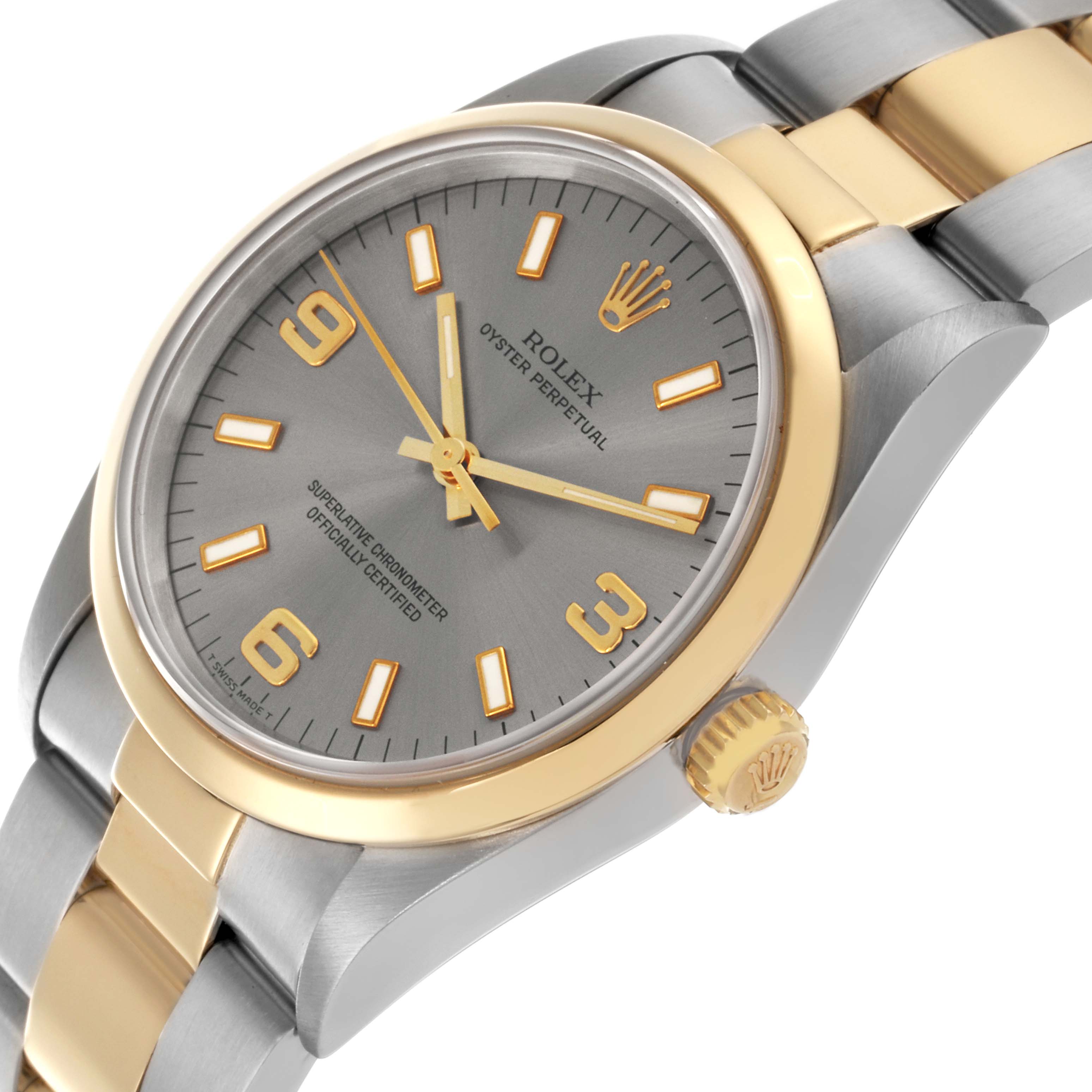The Rolex Oyster Perpetual 14203 Men's Steel and Gold (two tone) Grey Dial 14203 Men's Steel and Gold (two tone) Grey Dial watch is shown at an angle highlighting the dial, crown, and the two-tone bracelet.