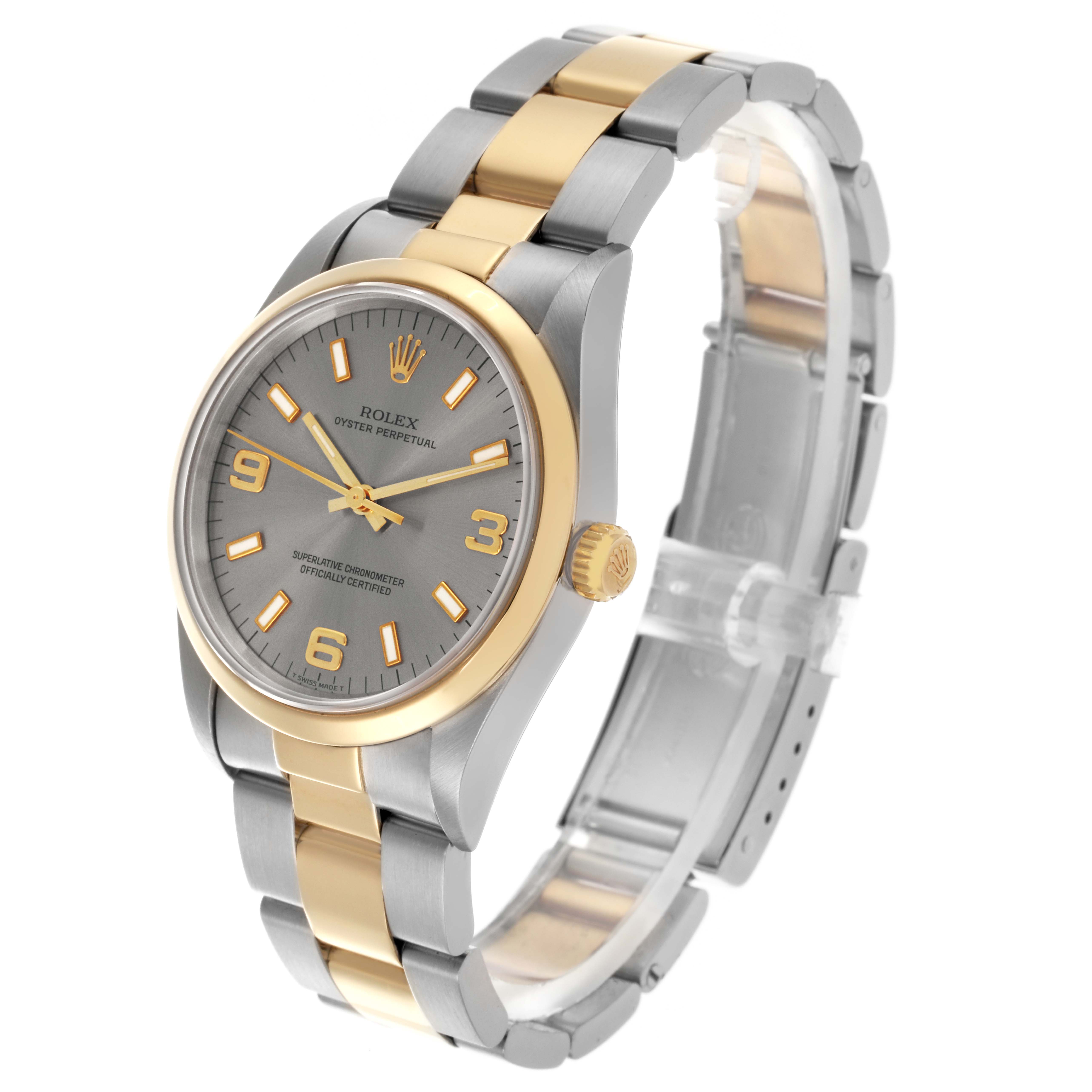 The image shows a Rolex Oyster Perpetual 14203 Men's Steel and Gold (two tone) Grey Dial 14203 Men's Steel and Gold (two tone) Grey Dial at a three-quarter angle, highlighting its gold bezel, dial, and two-tone bracelet.
