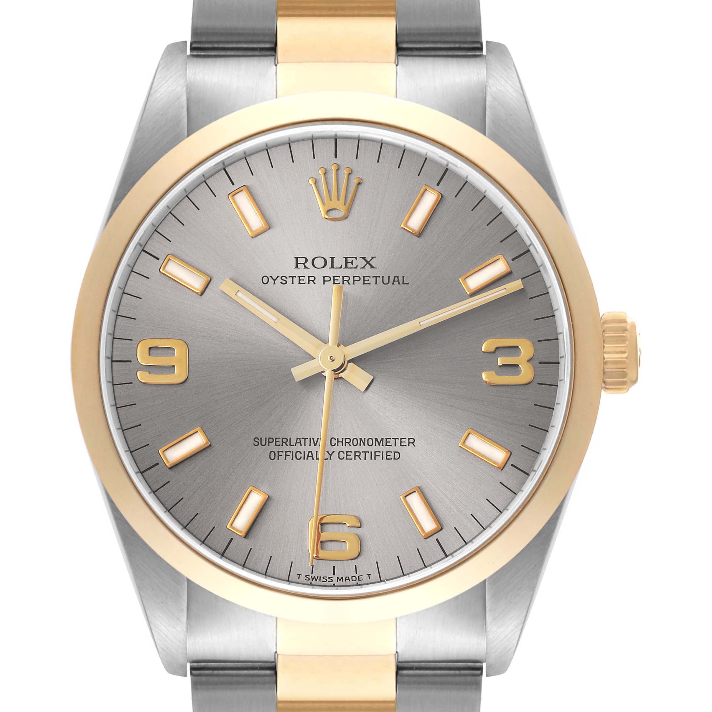 The Rolex Oyster Perpetual 14203 Men's Steel and Gold (two tone) Grey Dial 14203 Men's Steel and Gold (two tone) Grey Dial watch is shown from a front angle, highlighting the dial, crown, and part of the bracelet.