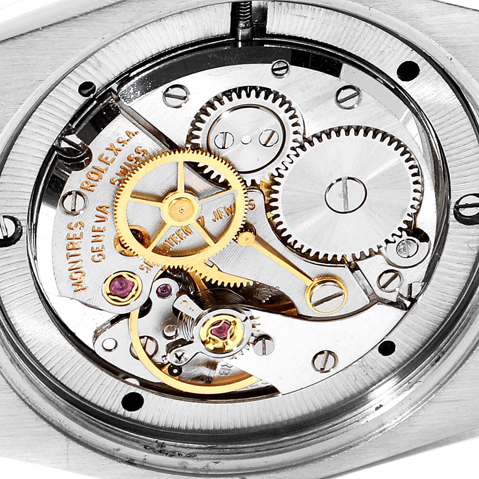 This image shows a close-up view of the movement and internal mechanism of a Vintage Collection model by Rolex.