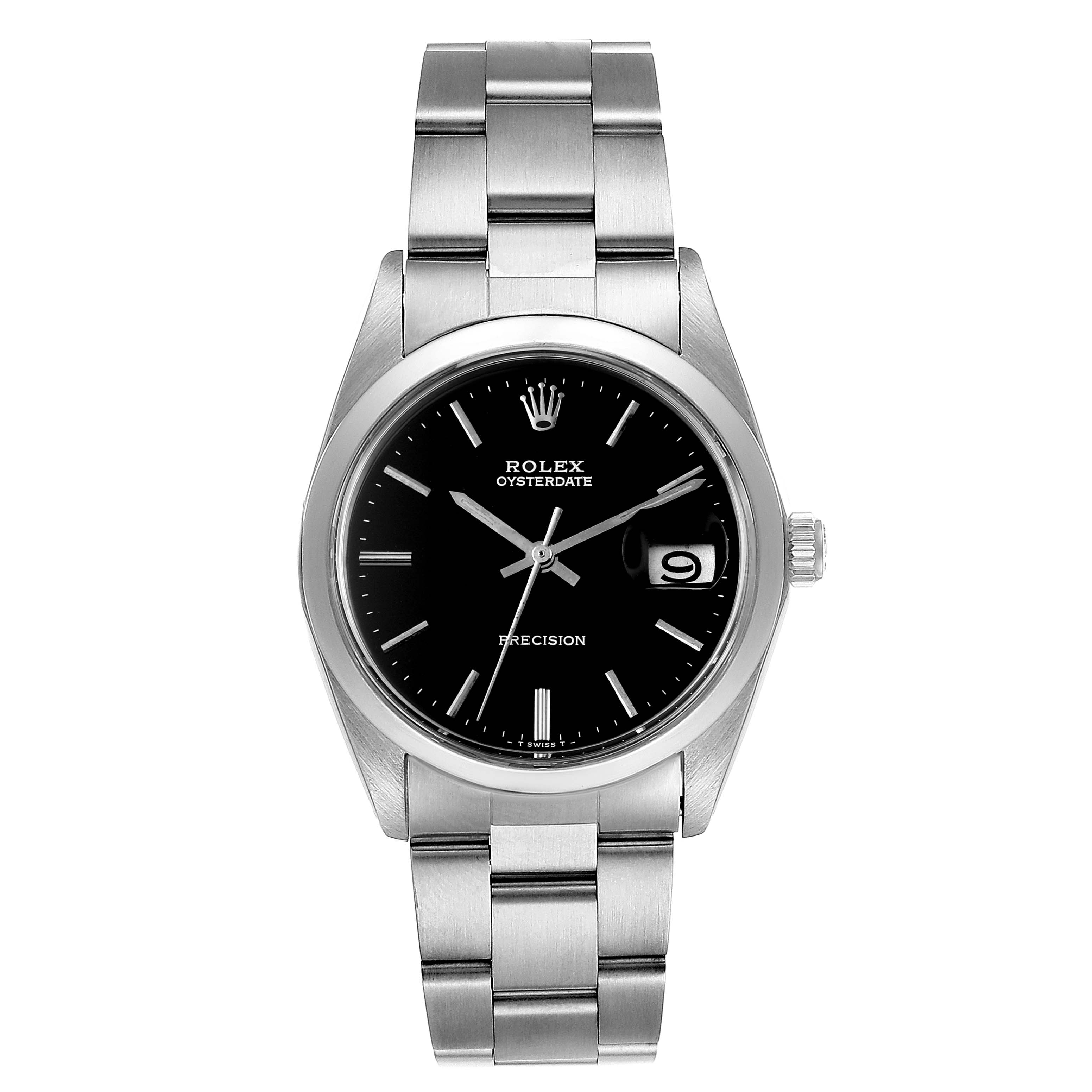 The image shows a front view of a Rolex Vintage Collection 6694 Men's Stainless Steel Black Dial 6694 Men's Stainless Steel Black Dial Oysterdate watch, displaying the face, bracelet, and crown.