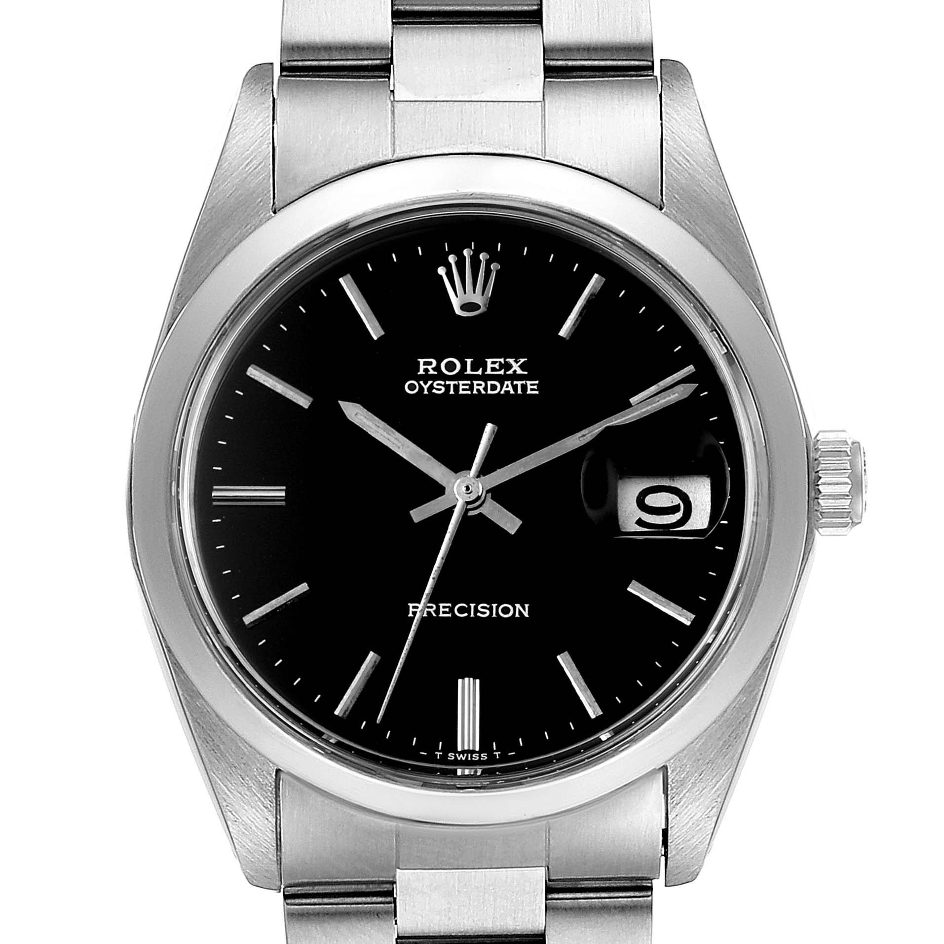 The image shows a front view of a Vintage Collection Rolex Oysterdate watch displaying the dial, hands, date window, and bracelet.