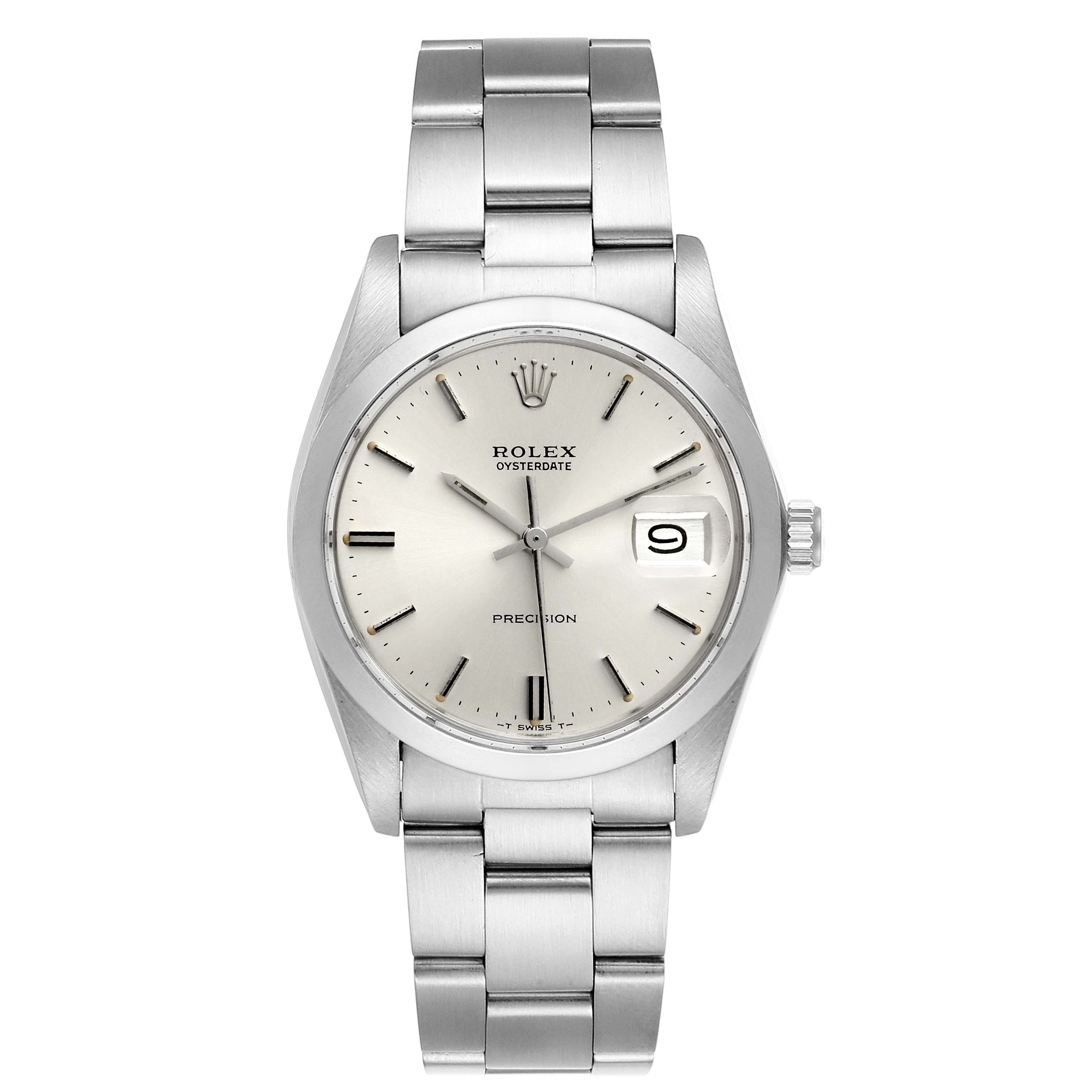 The image shows a front view of the Rolex Oysterdate Precision watch from the Vintage Collection, including the dial and bracelet.