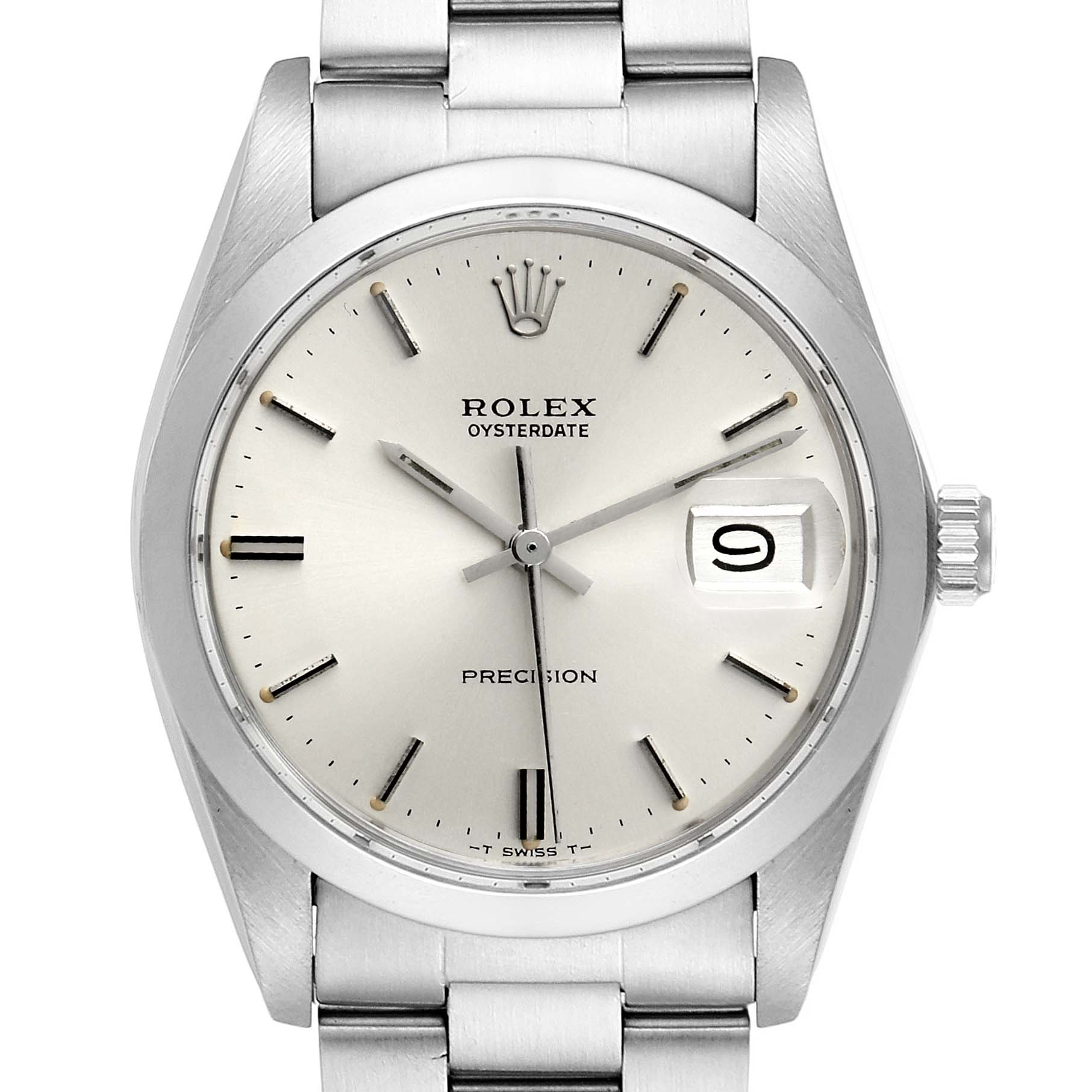 The image shows a front view of the Rolex Vintage Collection 6694 Men's Stainless Steel Silver Dial 6694 Men's Stainless Steel Silver Dial Oysterdate watch, highlighting the dial, hands, date window, crown, and bracelet.