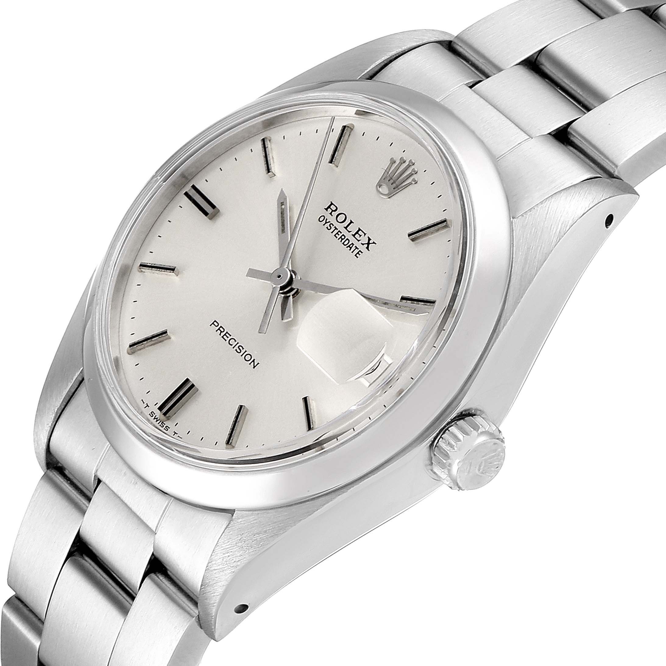 The image shows a close-up, angled view of a Rolex Vintage Collection 6694 Men's Stainless Steel Silver Dial 6694 Men's Stainless Steel Silver Dial model watch, highlighting the face, crown, and bracelet.