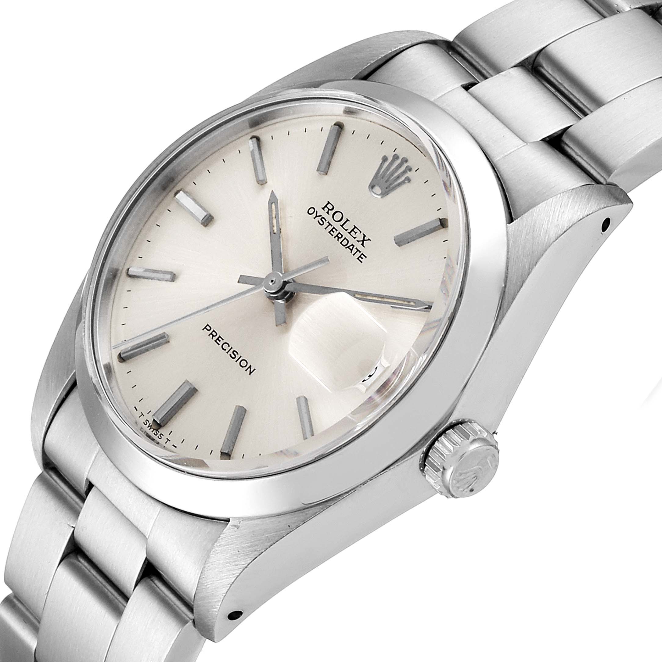 This image shows the Rolex Vintage Collection 6694 Men's Stainless Steel Silver Dial 6694 Men's Stainless Steel Silver Dial Oysterdate model from an angled top view, highlighting the dial, case, and bracelet.