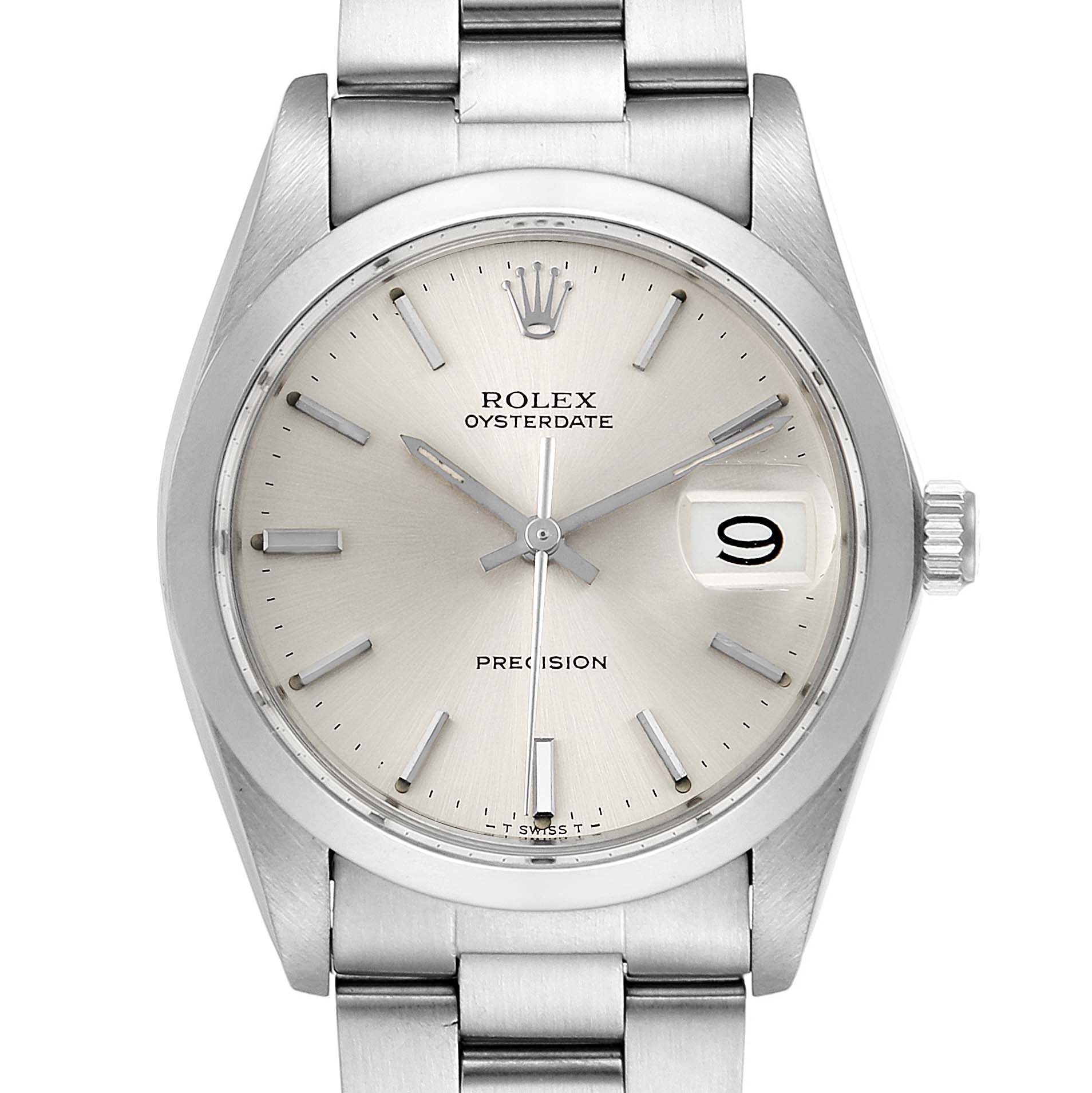 This image shows the front view of a Rolex Vintage Collection 6694 Men's Stainless Steel Silver Dial 6694 Men's Stainless Steel Silver Dial Oysterdate watch, showcasing the dial, case, date window, and bracelet.