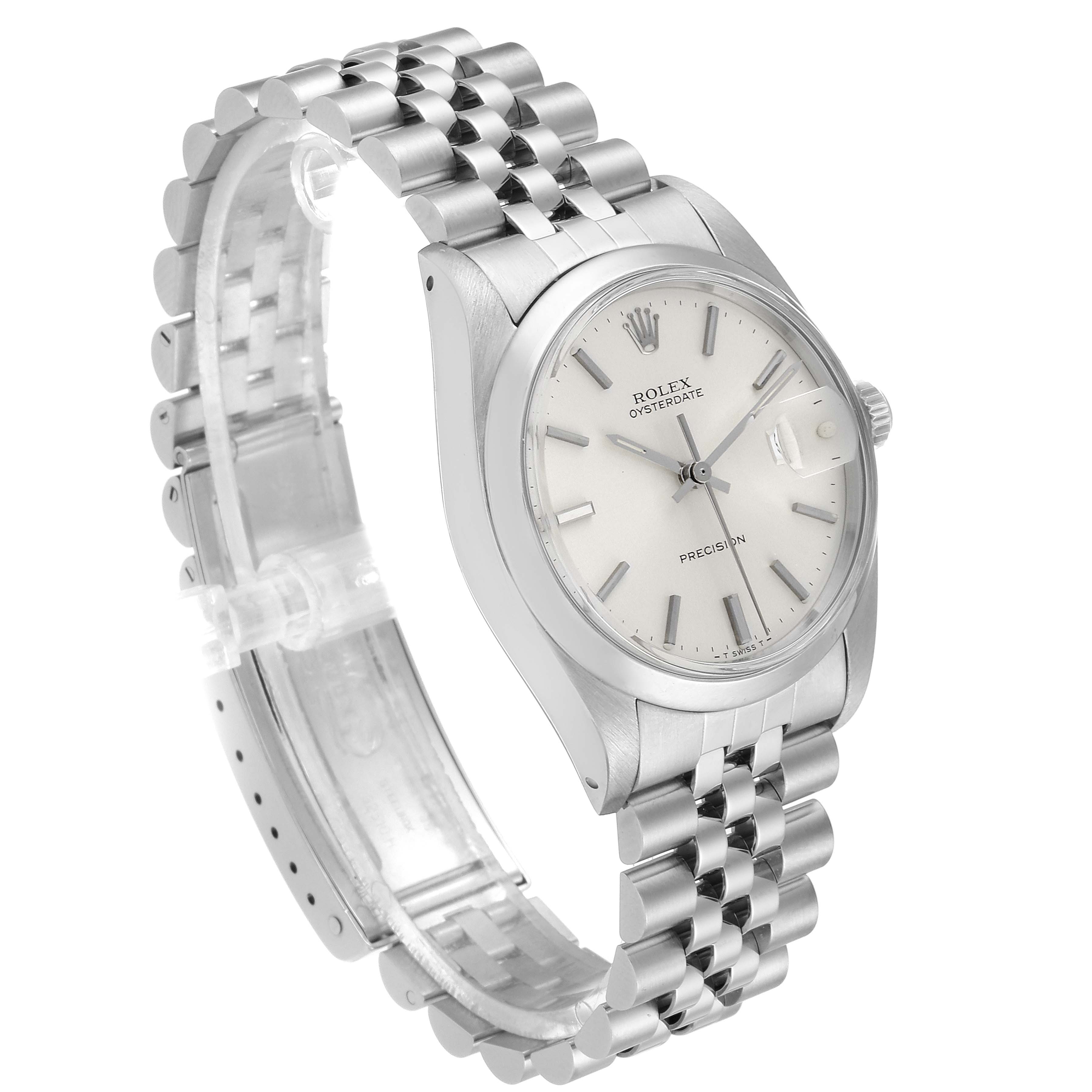 The image shows a side angle of a Rolex Vintage Collection 6694 Men's Stainless Steel Silver Dial 6694 Men's Stainless Steel Silver Dial watch, highlighting its face, bezel, crown, and metal bracelet.