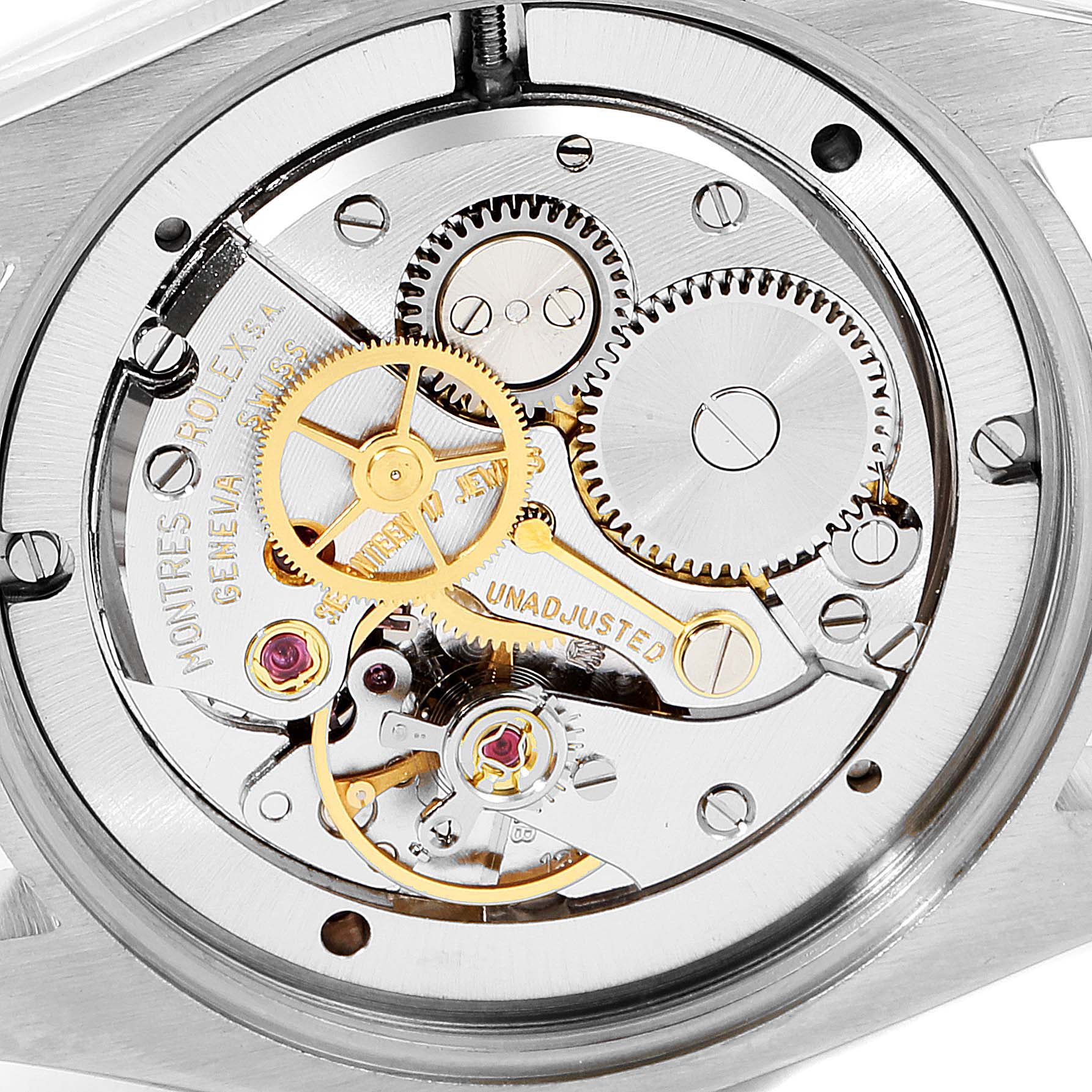 This image shows the inner mechanical components of a Rolex Vintage Collection 6694 Men's Stainless Steel Silver Dial 6694 Men's Stainless Steel Silver Dial watch viewed from the back.