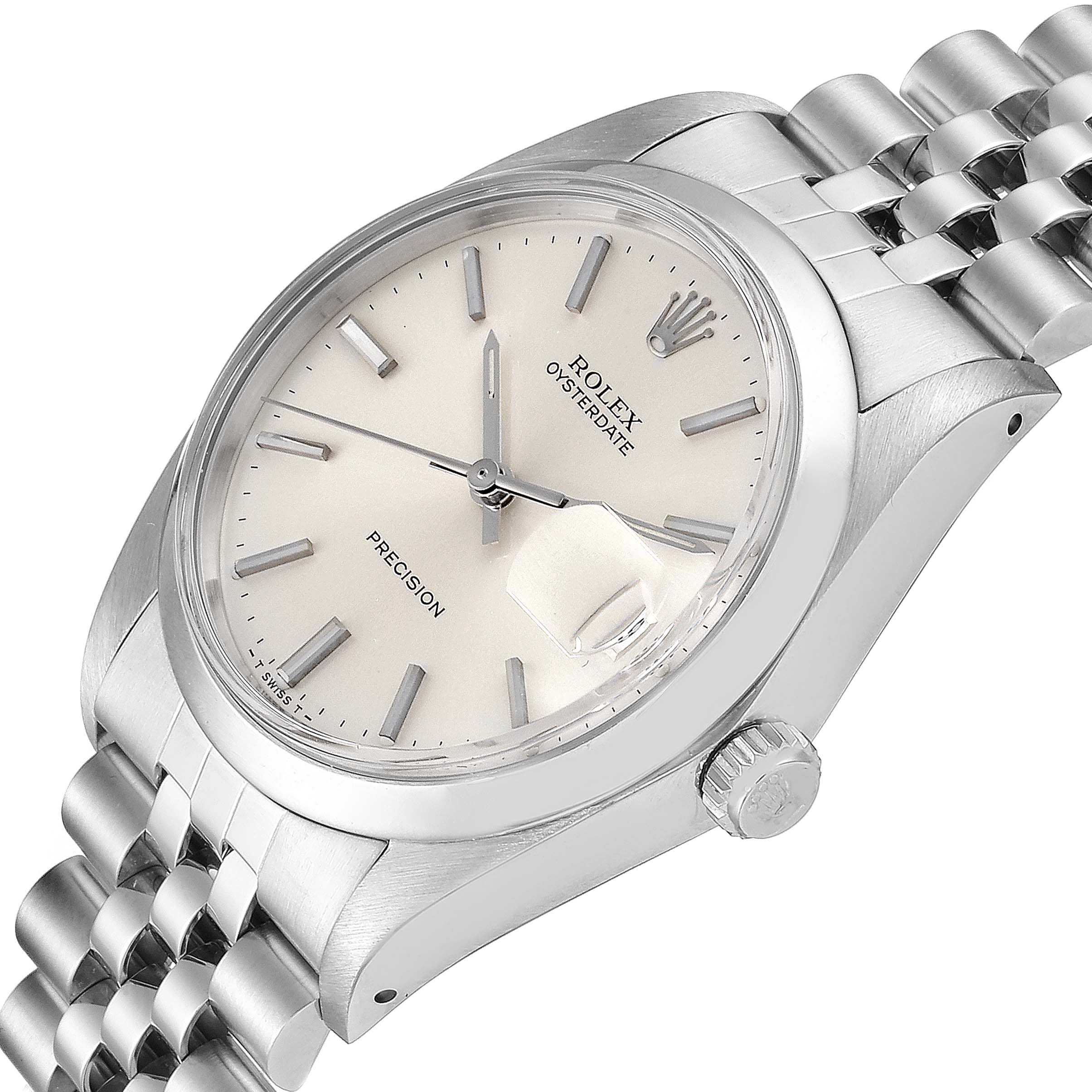 The Rolex Vintage Collection 6694 Men's Stainless Steel Silver Dial 6694 Men's Stainless Steel Silver Dial model is shown from a slight angle featuring the face, bezel, crown, and part of the bracelet.