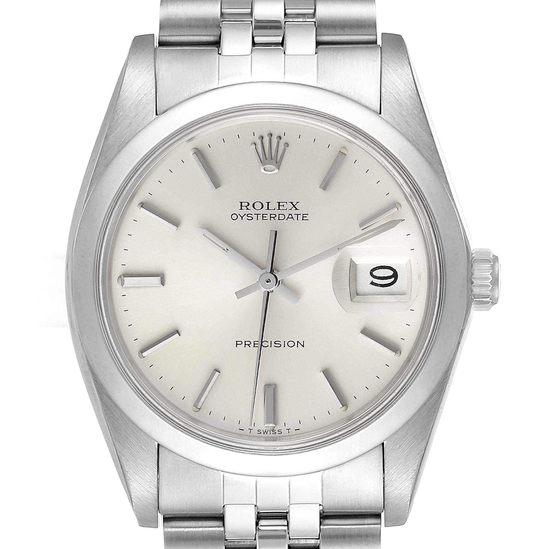 The image shows a front view of the Rolex Vintage Collection 6694 Men's Stainless Steel Silver Dial 6694 Men's Stainless Steel Silver Dial model, displaying the dial, hands, crown, bezel, and bracelet.