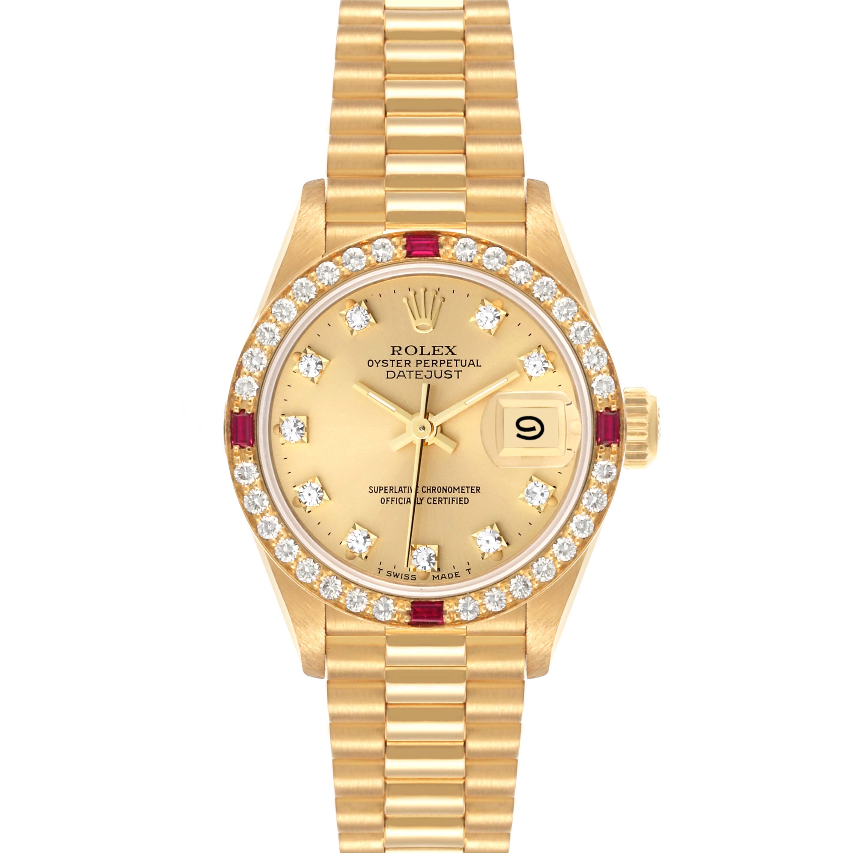 The Rolex Pearlmaster watch is shown from a front angle, displaying the full face, bezel, and bracelet.