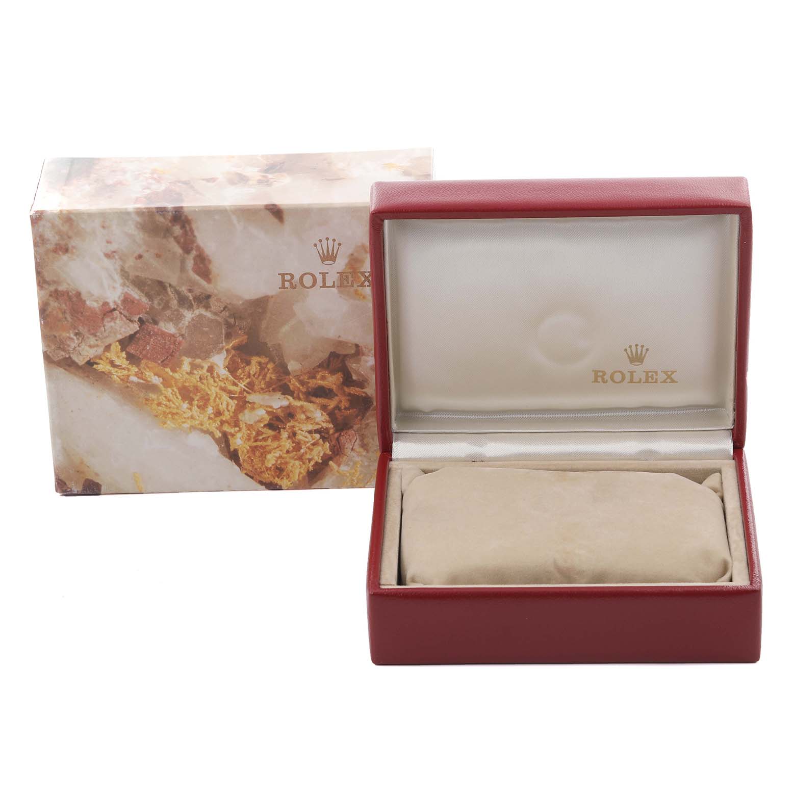 The image shows a Rolex Pearlmaster watch box, open to reveal an interior cushion, with a decorative outer box beside it.