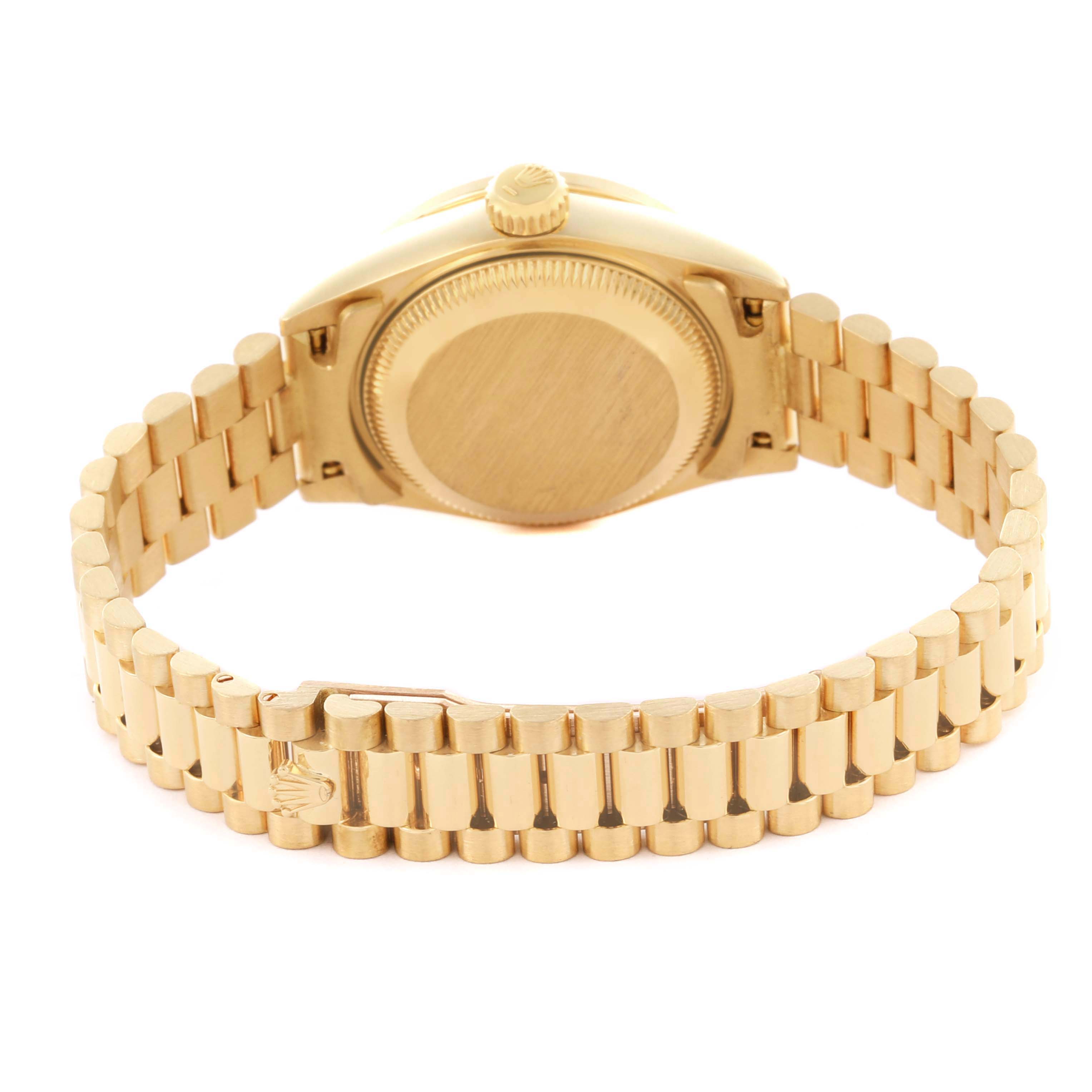 This image shows the back and bracelet of a Rolex Pearlmaster watch at a slight backward angle.