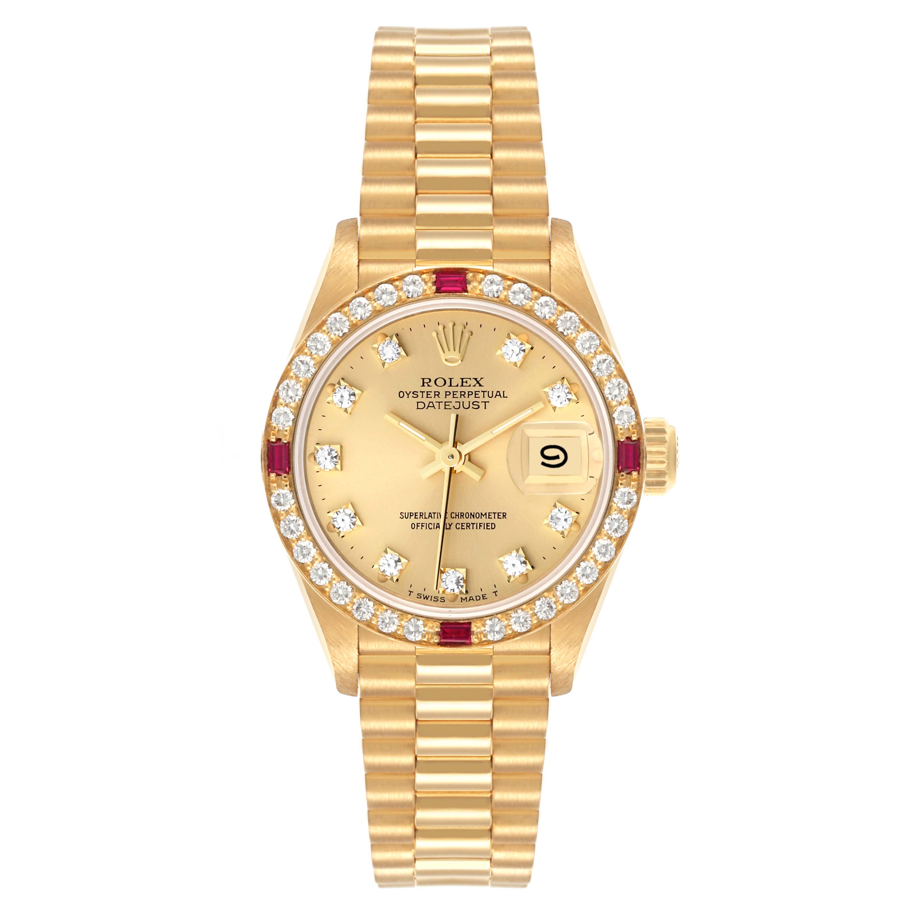 The Rolex Pearlmaster watch is shown from the front, displaying its face, dial, bezel, and bracelet.