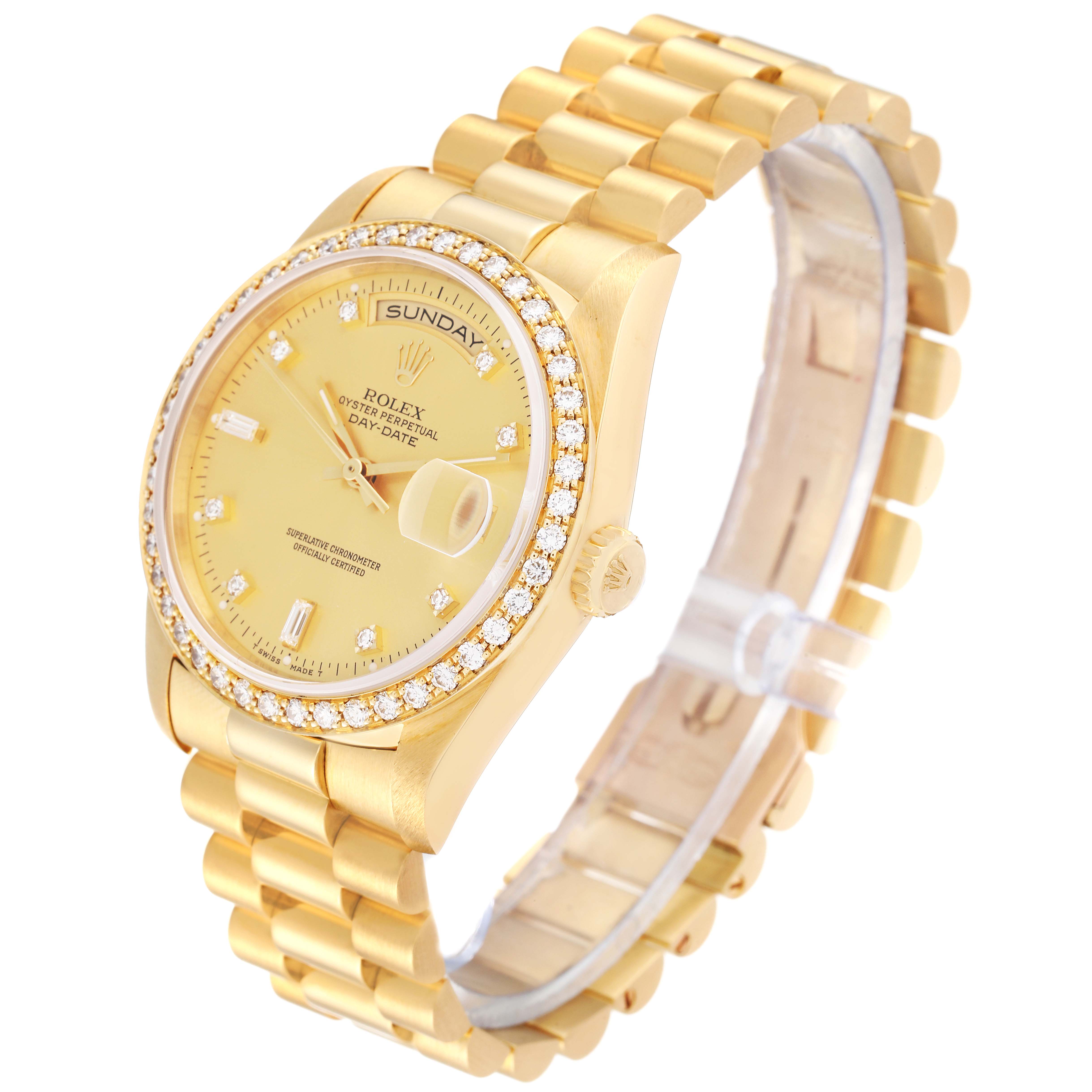 The image shows a Rolex President 18348 Men
s Yellow Gold Champagne Dial 18348 Men
s Yellow Gold Champagne Dial model watch angled from the front and side, featuring the dial, bezel, crown, and bracelet.