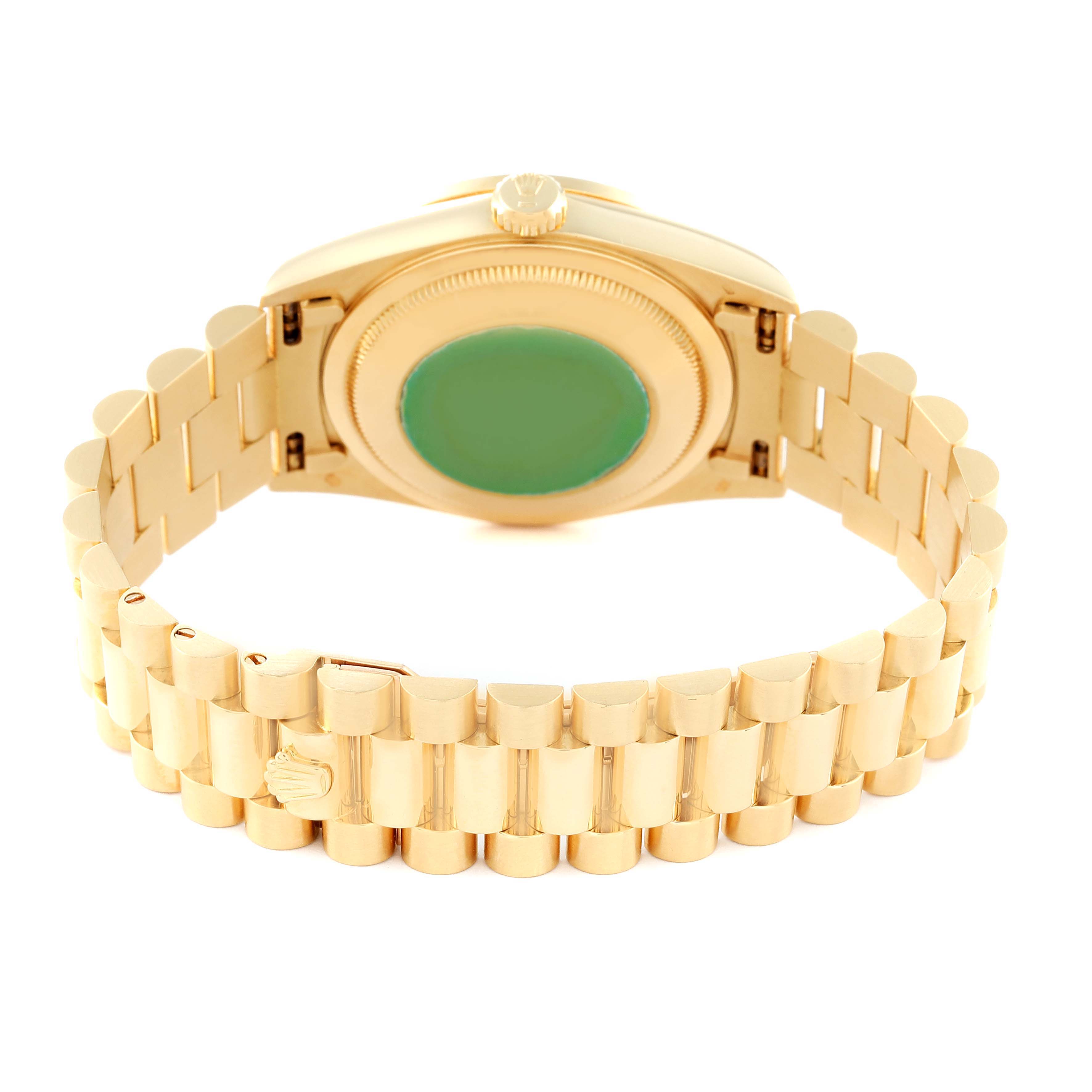 This image shows the back view of a Rolex President 18348 Men
s Yellow Gold Champagne Dial 18348 Men
s Yellow Gold Champagne Dial model watch, displaying its gold bracelet and case back.